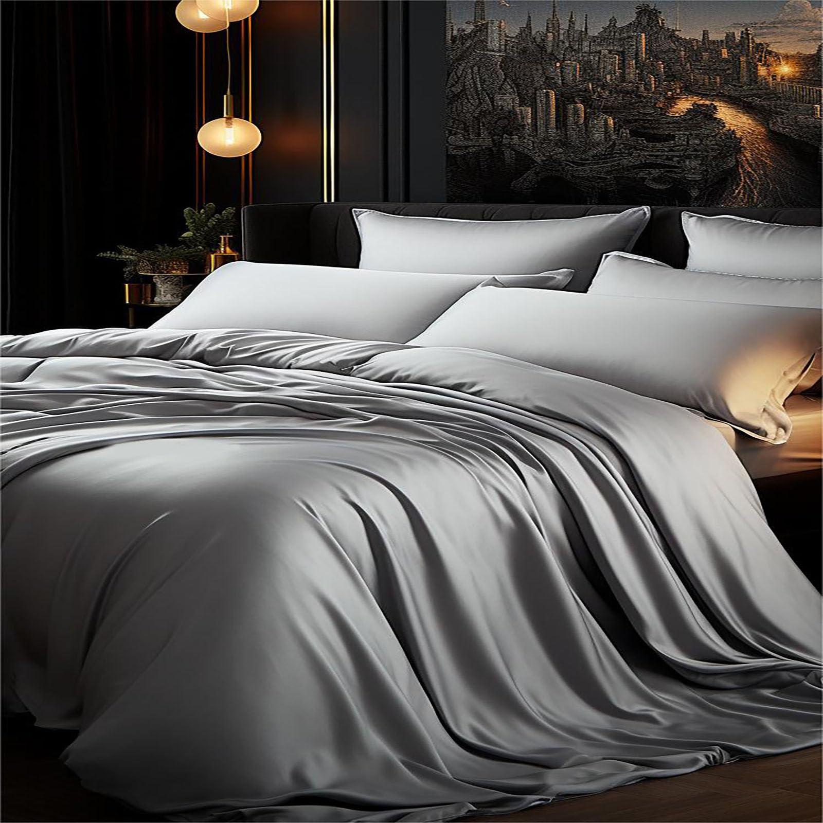 WYMDD Bedding Sets King Size,Tencel Duvet Cover with Pillowcases Microfiber Luxury Soft Breathable Fade and Wrinkle Resistant Easy Care with Zipper Closure(Double,King) (Moonlight Gray Double)
