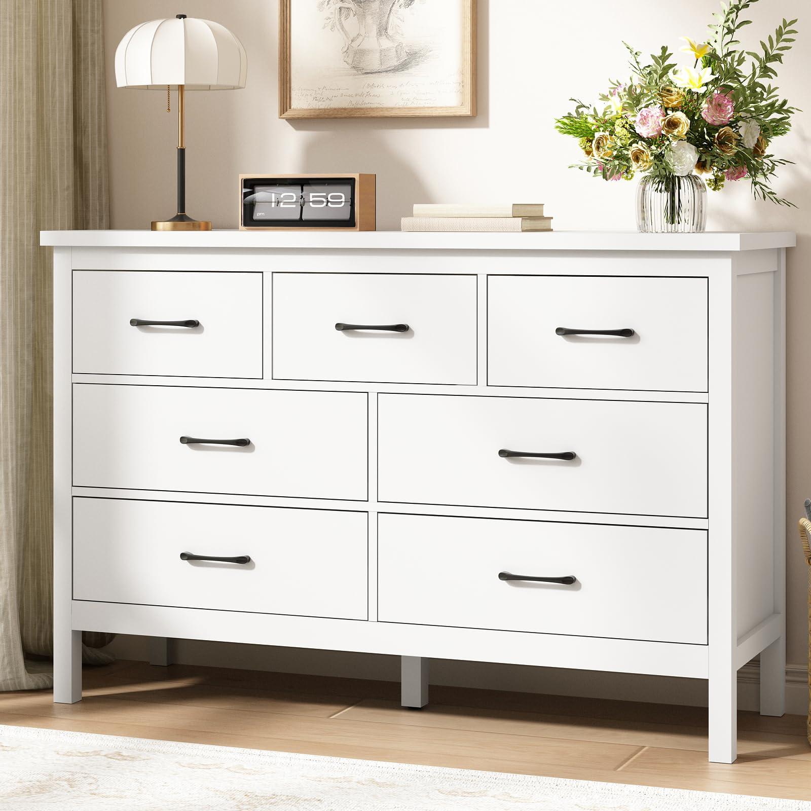 Tradare Tradare White Dresser for Bedroom with 7 Drawer,Wooden Double Dresser with Metal Handles, Wide Chest of Organizer Storage Drawers for Living Room, Hallway, Entryway