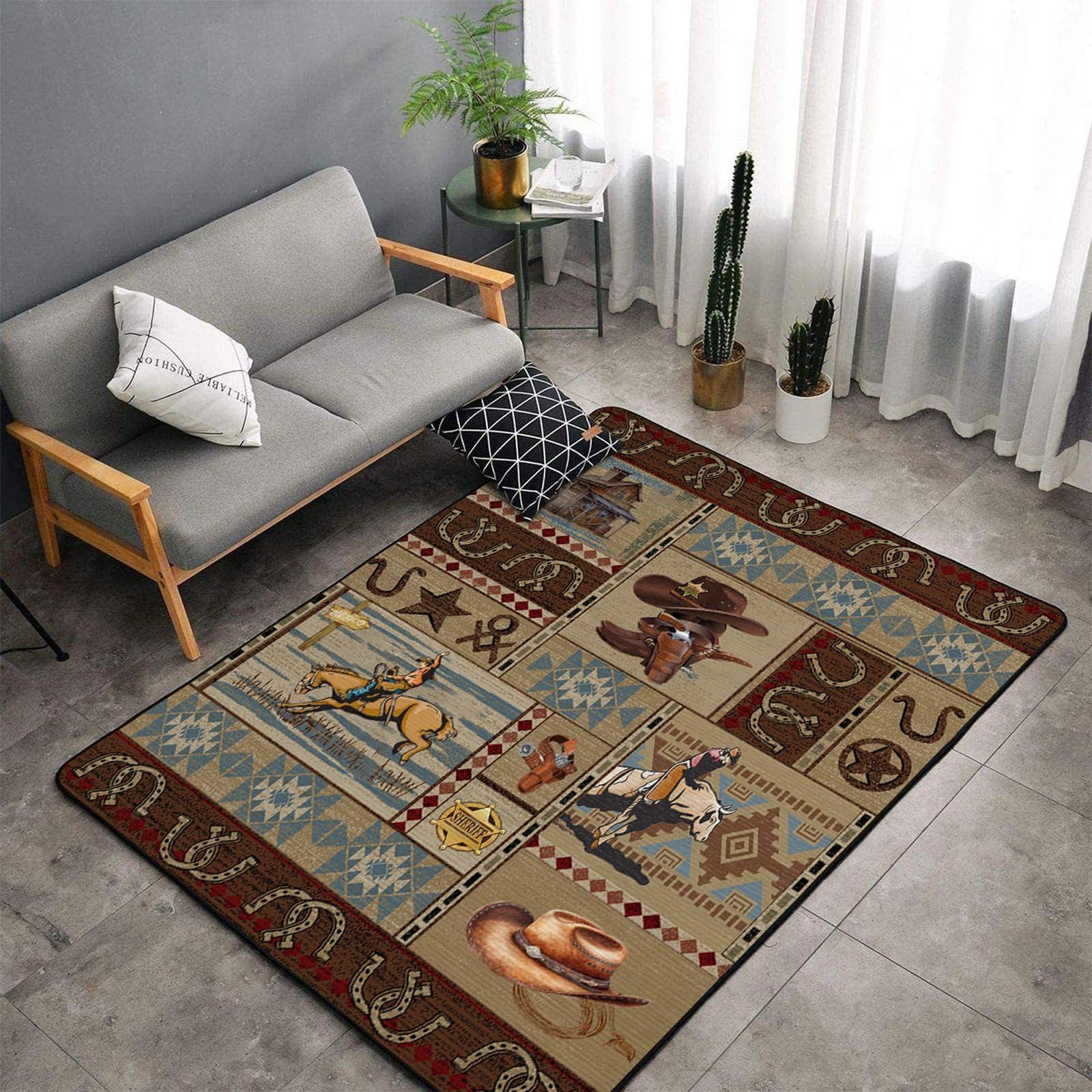 DECORAISES Combo Southwest Area Rug and Non-Slip Rug Tape for Timeless Home Decor in Kitchen, Living Room, Bedroom 4X6 ft, Western Cowboy Riding with Texas Star Panel Art - Southwestern Rug - Aztec rug CC01