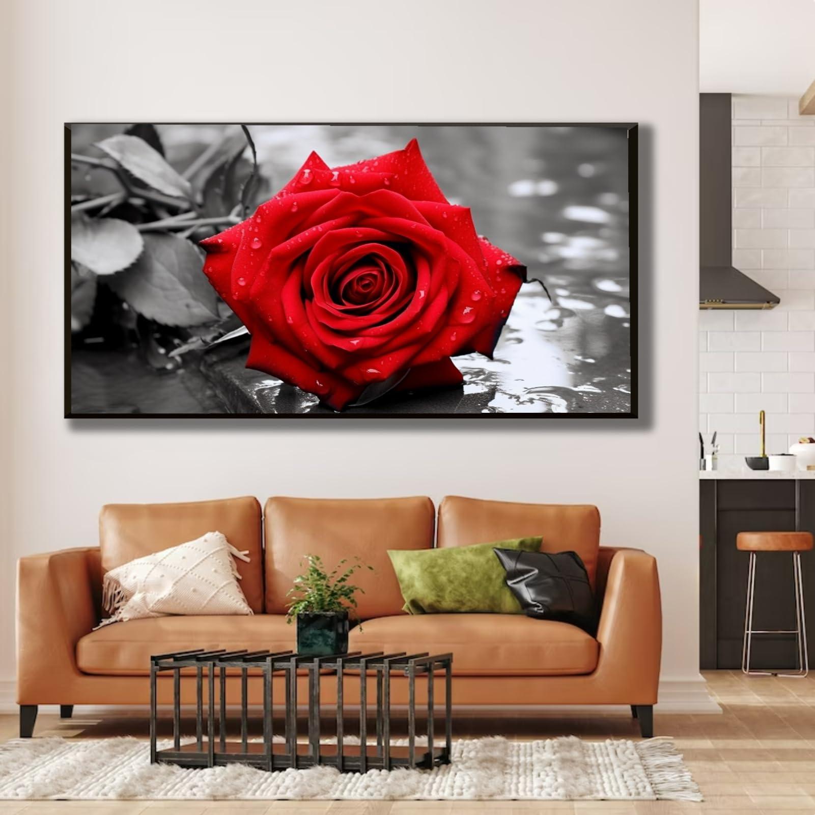 Feuwile Feuwile Red Roses Canvas Wall Art,Red Rose in Black And White Grayscale StyleCanvas Wall Art for Living Room Bedroom,Office(Gold Metal Frame 47" W x 23" H/120x60cm)