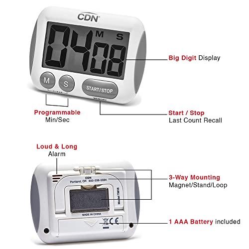 CDN CDN TM15 Big Timer | Counts Up & Down, 100 Minutes & Seconds, Extra-Large Digits, Loud Alarm, Stand, Hang, Magnet Mounting, Perfect for Batch Baking, 1, White