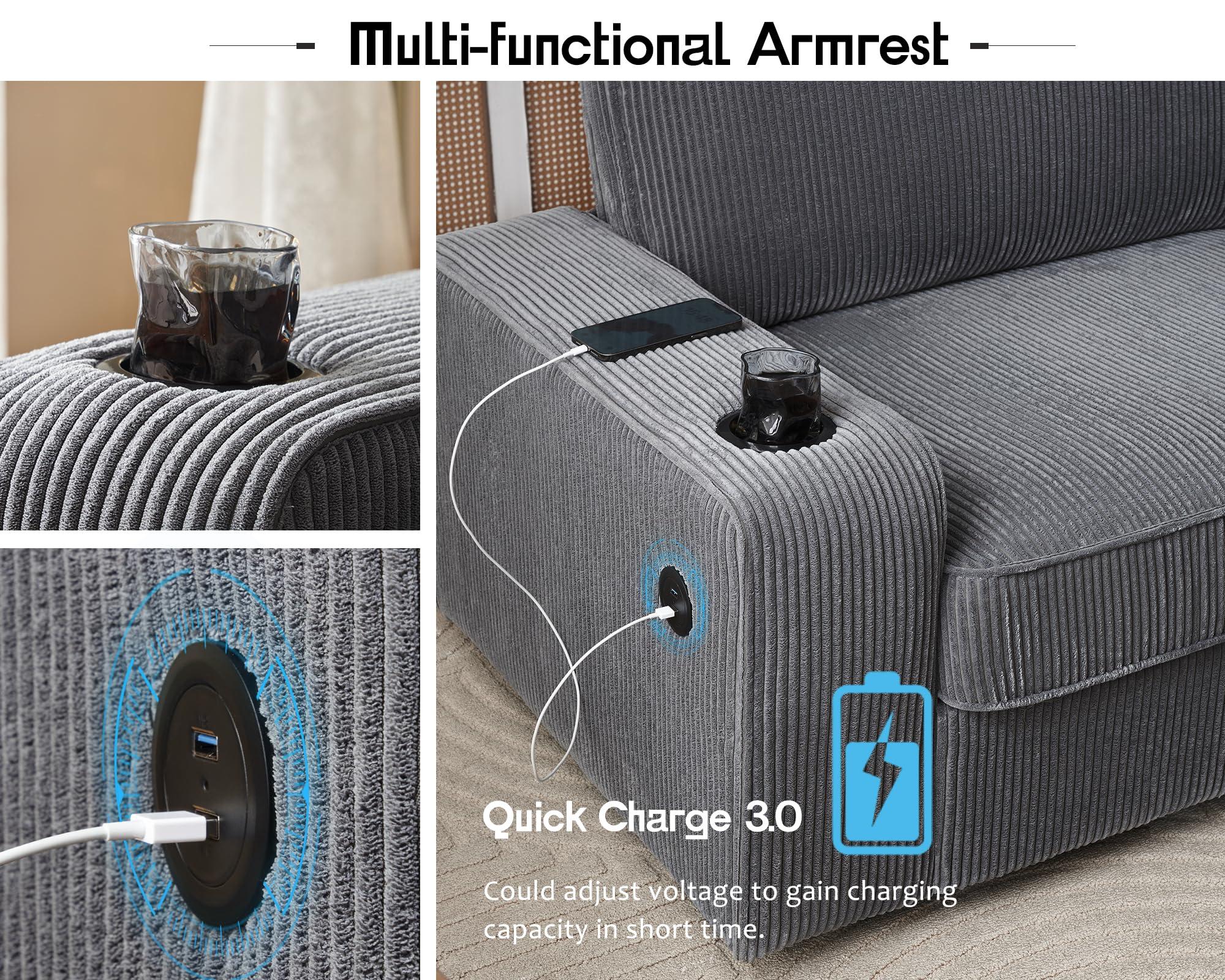 VanAcc VanAcc Sofa, Comfy Couch, Modern Couch with Cup Holders & USB Charging Ports, Sofa Chair for Living Room, Ash Grey Corduroy