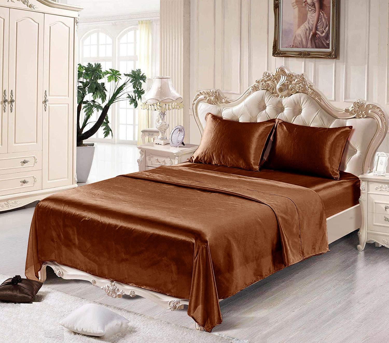 Sona Bedding Solutions Sona Bedding solutionsLuxurious Ultra Soft Silky Satin 6-Piece Bed Sheet Set Brown, Short Queen