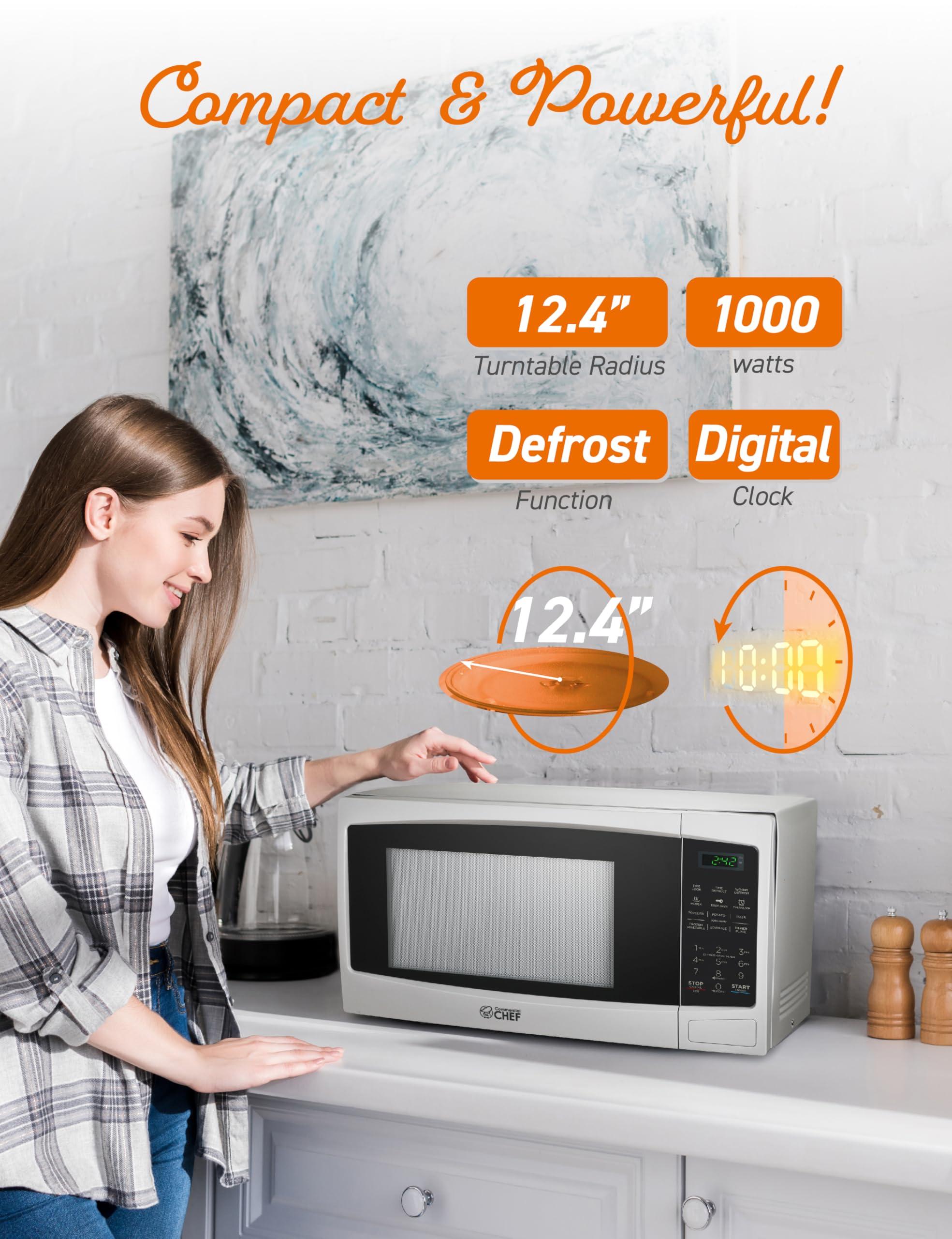 Commercial CHEF COMMERCIAL CHEF 1.1 Cu Ft Microwave with 10 Power Levels, Microwave 1000W with Push Button Door Lock, Countertop Microwave with Microwave Turntable and Digital Controls, White
