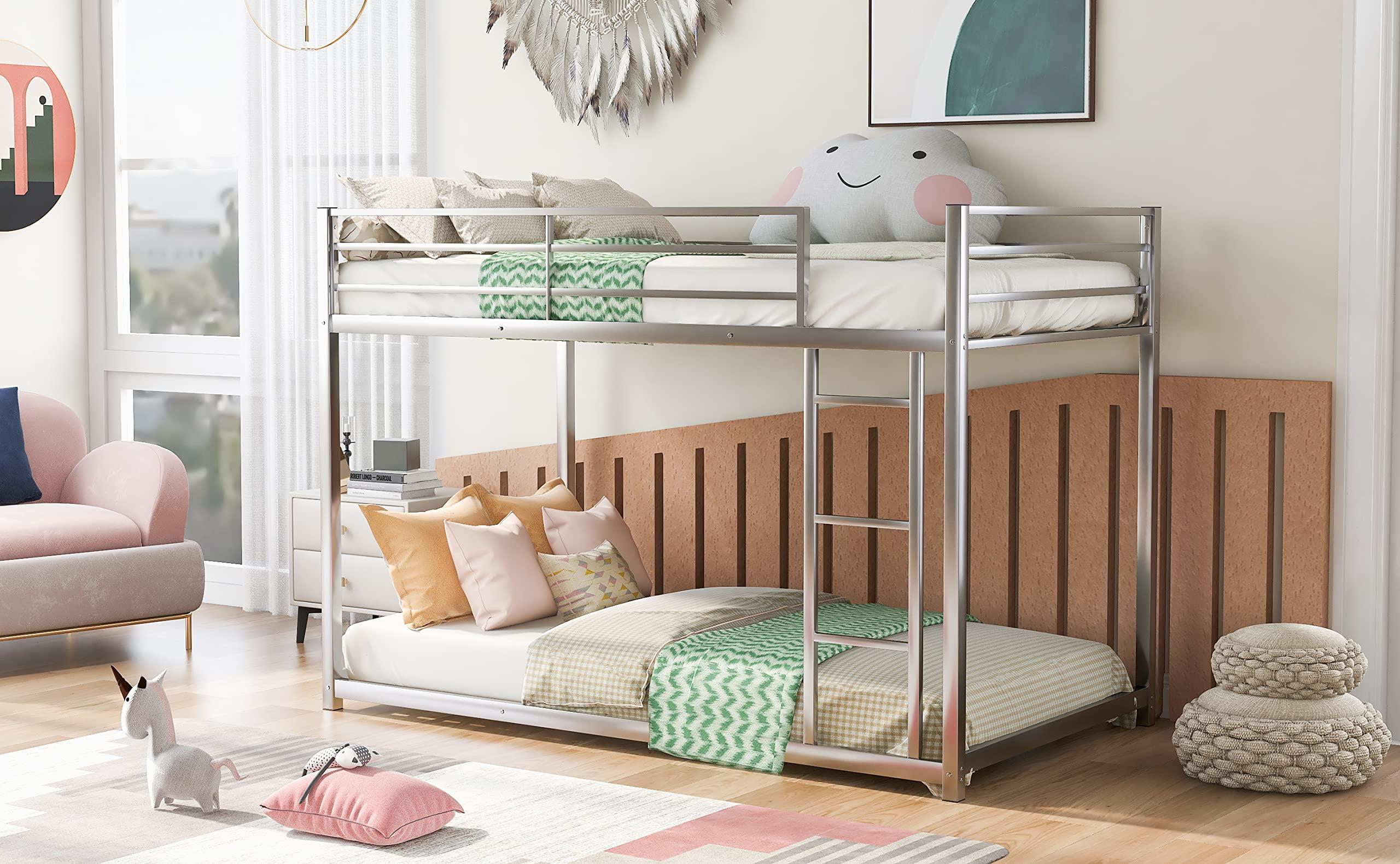 Majnesvon Full Over Full Bunk Bed, Heavy Duty Metal Bunk Bed Frame with Safety Guard Rails and Built in Ladder for Kids Teens Adults No Box Spring Required (Silver, Twin/Twin)