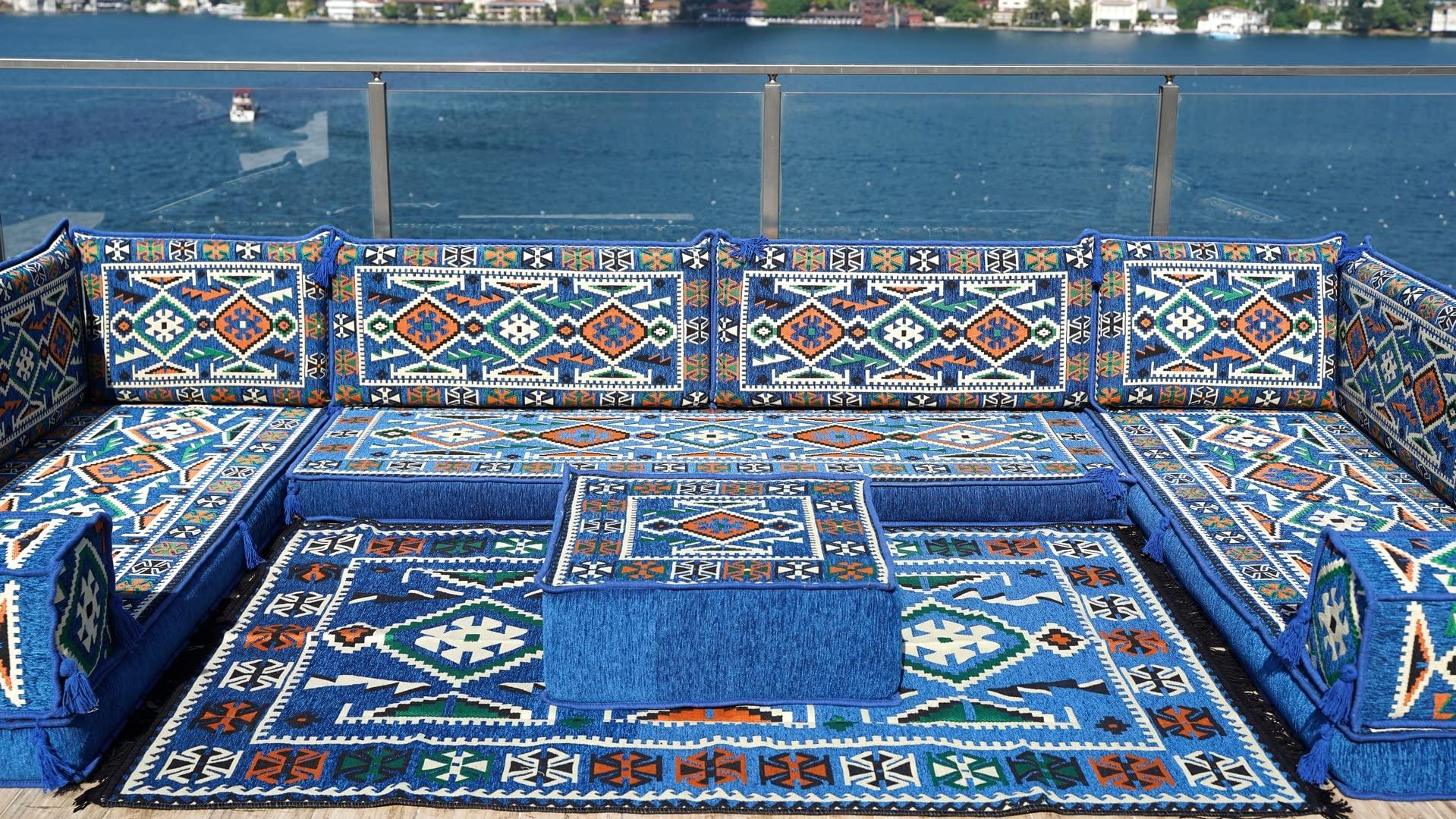 arabicsofa Arabic Sofa, Moroccan Sofa, Modular Cushion, Blue Garden Sofa Set, Bench Pillow Set, Corner Sofa Set, Bohemian Furniture, Floor Cushion Set (U Sofa + Rug + Ottoman)