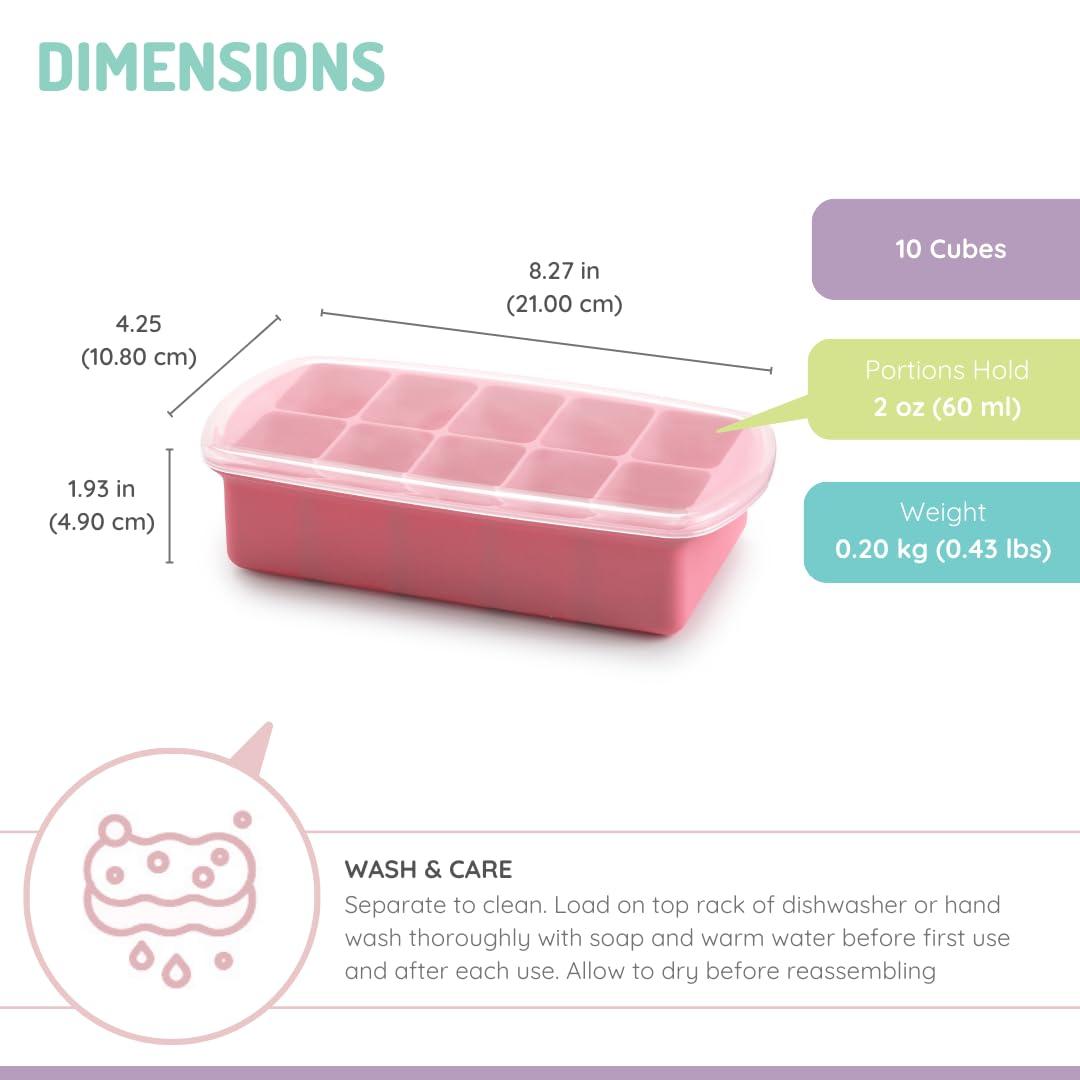 melii melii Silicone Baby Food Freezer Tray with Lid Versatile 10-Cup 2oz Portion Tray for Freezing Breastmilk, Homemade Baby Food, Sauces, Smoothies, Snacks Microwave, Freezer Safe - Pink