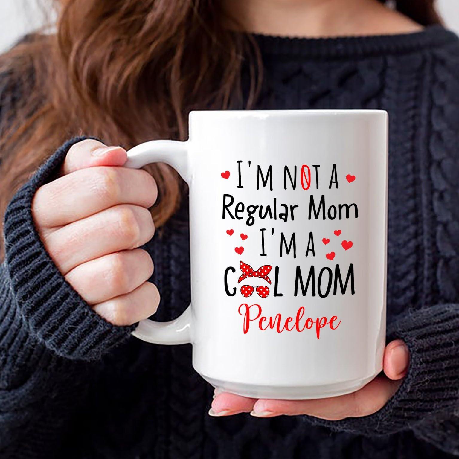Cenluxy Personalized Mom Gifts, I\'m Not A Regular Mom I\'m A Cool Mom White Ceramic Coffee Mug 11oz 15oz, I\'m A Cool Mom Mug, Customized Names Mug Gift For Mother, Mommy Birthday Gift, Mother Coffee Cup