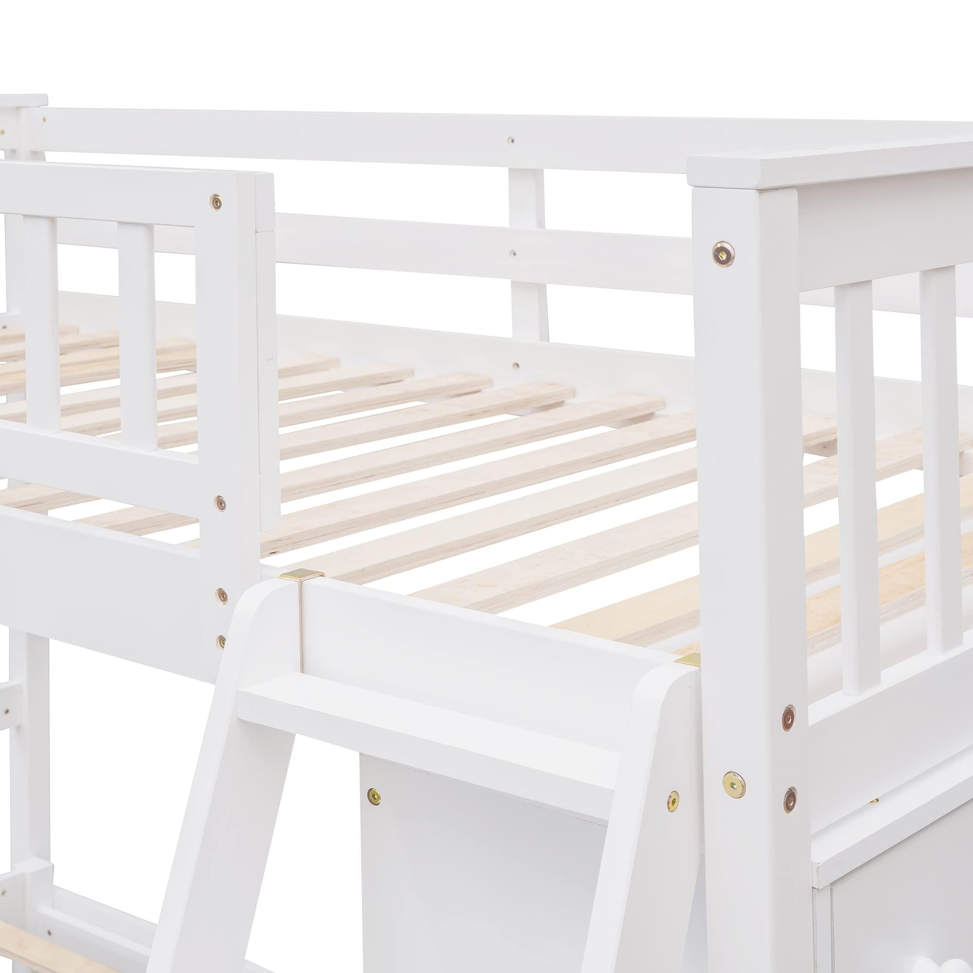 Brabrety Twin Over Full Wooden Bunk Bed with Six Drawers and Three Flexible Shelves, Bottom Platform Bed with Wheels can Movable.Suitable for children\'s and teenagers\' bedrooms or dormitories (White#V)