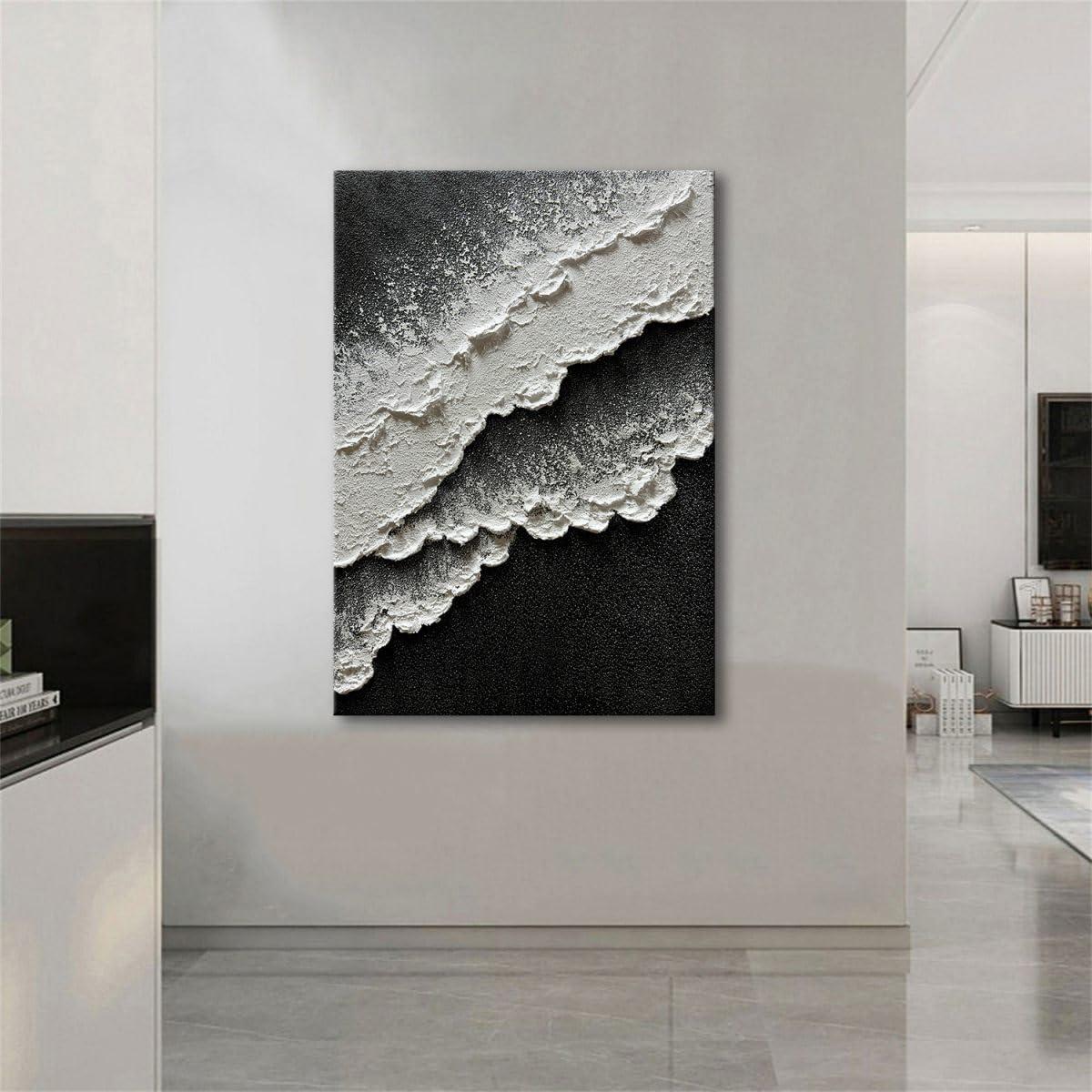 Slyart Slyart Handmade Black and White Ocean Wave Wall Art 28x40 Inches Modern Abstract Beach Canvas Painting Texture Vertical Wall Art for Living Room Bedroom