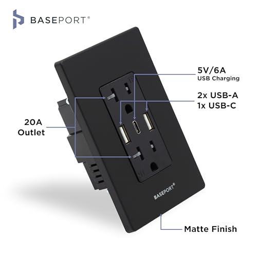 BASEPORT BASEPORT Premium Wall Outlet with USB Ports - 125V 20 Amp Outlet, 5V/6A USB Outlets Receptacles, Dual USB-A, 1 USB-C, Single Gang Black Faceplate