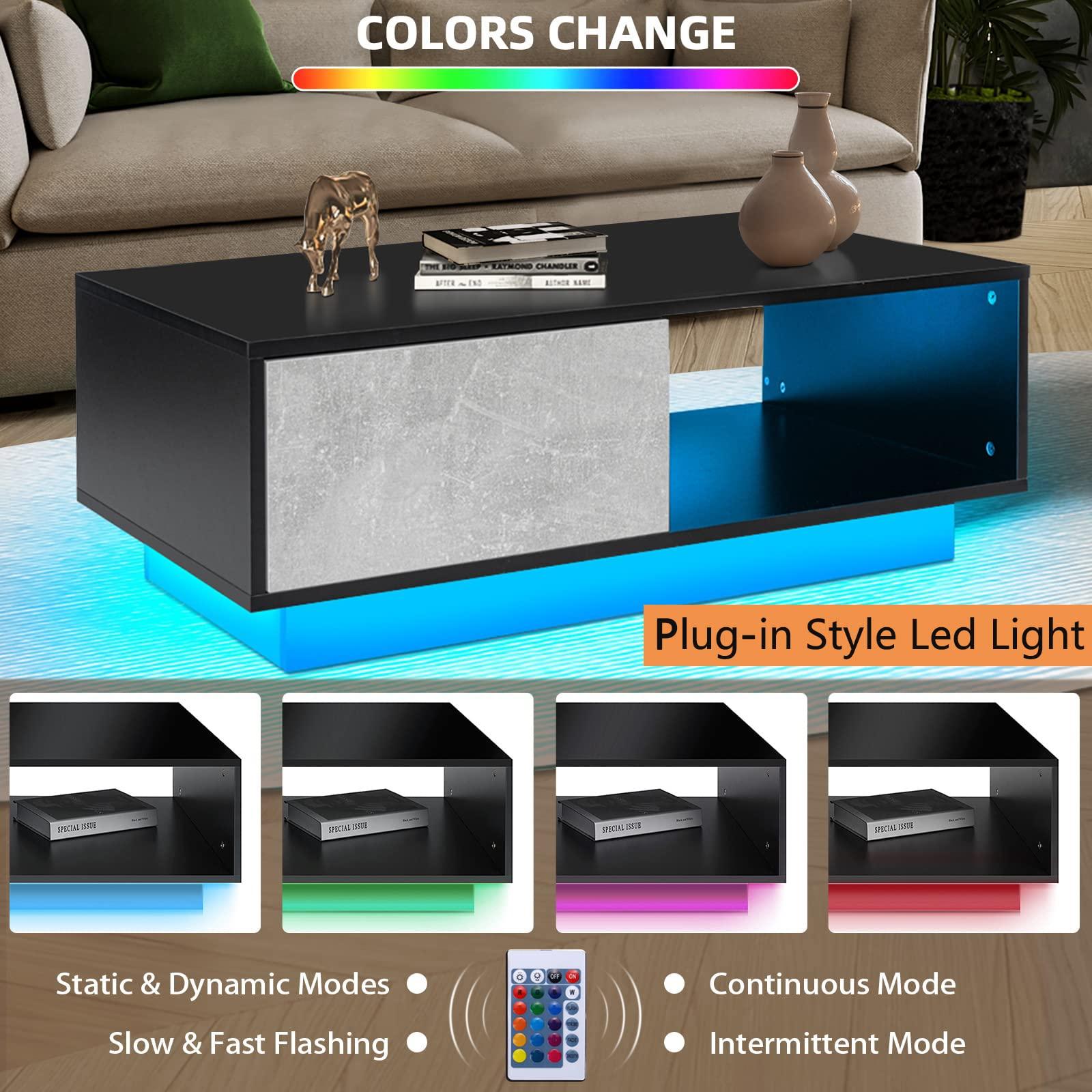 HOMMPA HOMMPA Small LED Coffee Tables for Living Room Grey Coffee Table with LED Lights Modern Low Profile Center Table with High Gloss Table Top for Small Place 13\" Tall