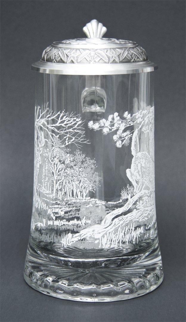 Cornell JAMES MEGER GLASS WHITE TAIL DEER STEIN, Etched German Glass Beer Stein w/ Pewter Lid, Made in Germany