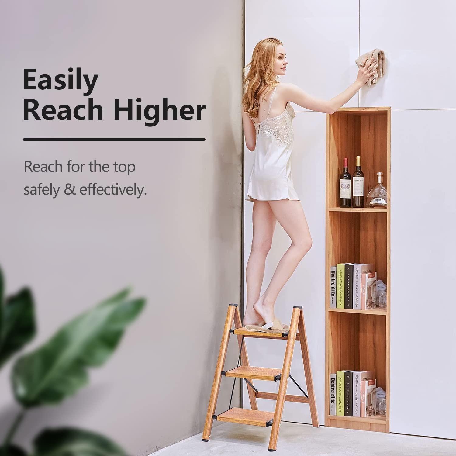 Soladder SOLADDER 3 Step Ladder, Folding Step Stool with Anti-Slip Wide Sturdy Pedal and Handgrip, Multi-Use for Home and Kitchen Use, Space Saving-Woodgrain(300 lbs Capacity)