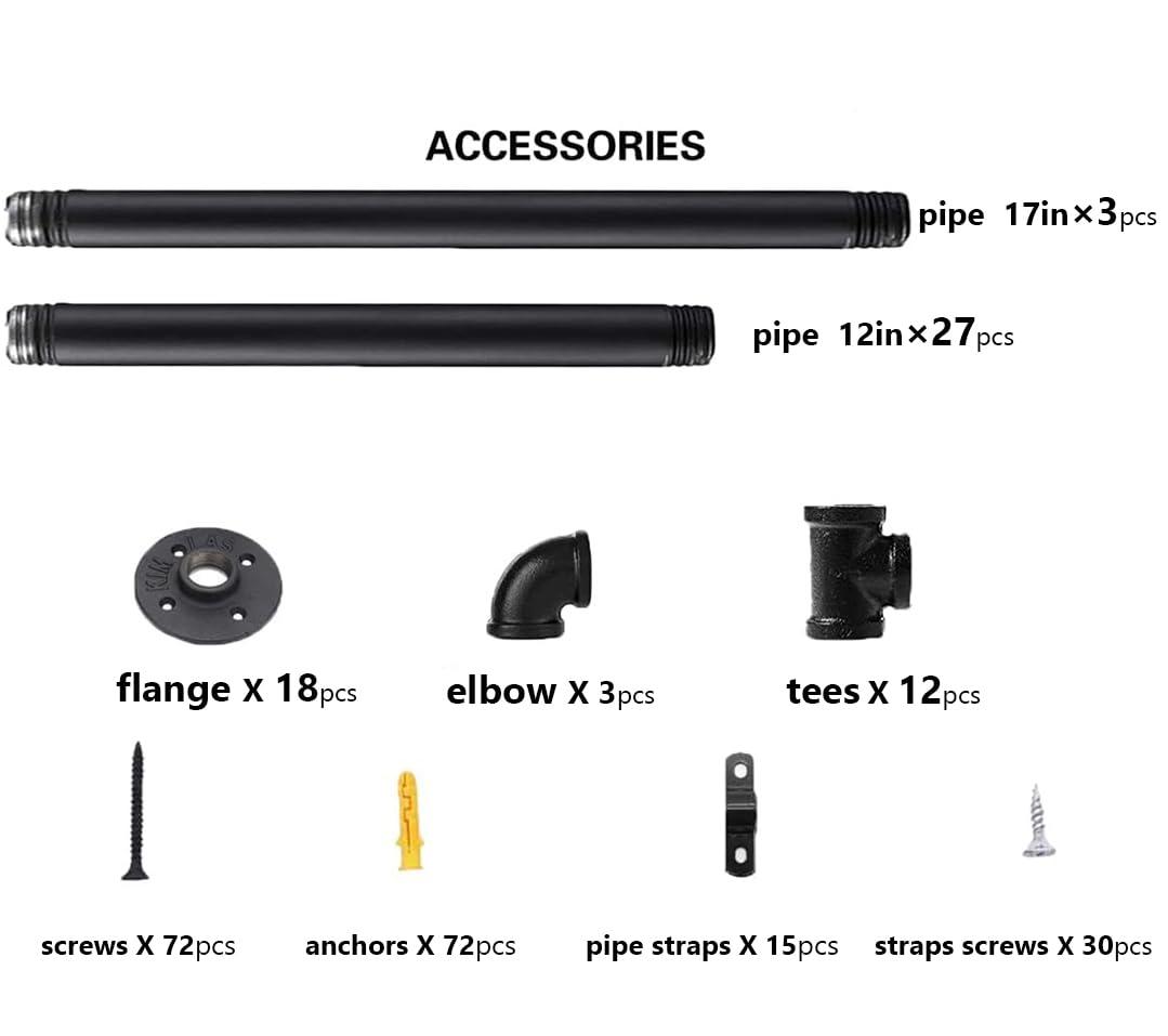 Kaler Industrial Iron Pipe Shelves, 3 Set 5-Tier, 68\" Tall, 12\" Depth, DIY Open Bookshelf Bookcase, Wall Mounted Vintage Retro Shelving, Rustic Farmhouse Pantry Kitchen Storage, Black Shelf Brackets