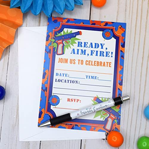 Amanda Creation Dart Gun Birthday Party Invitations, 20 5\"x7\" Fill In Cards with Twenty White Envelopes by AmandaCreation