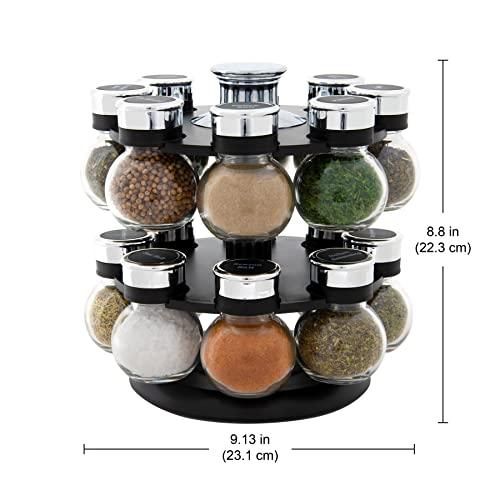 Kamenstein Kamenstein 16 Jar Ellington Revolving Countertop Spice Rack with Lift & Pour Caps and Spices Included, FREE Spice Refills for 5 Years: Black and Chrome