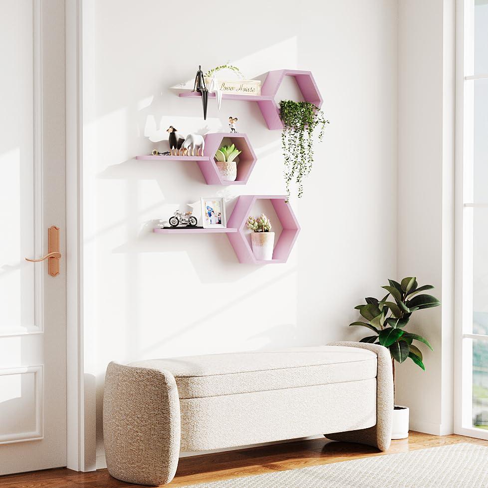 LUDORU LUDORU Wooden Hexagon Floating Shelves Wall Mounted,Set of 6 Pine Hexagon Shelves Display for Photos,Plants,Rustic Honeycomb Shelves for Living Room,Bedroom,Bathroom, Kitchen, Office Decor, Pink