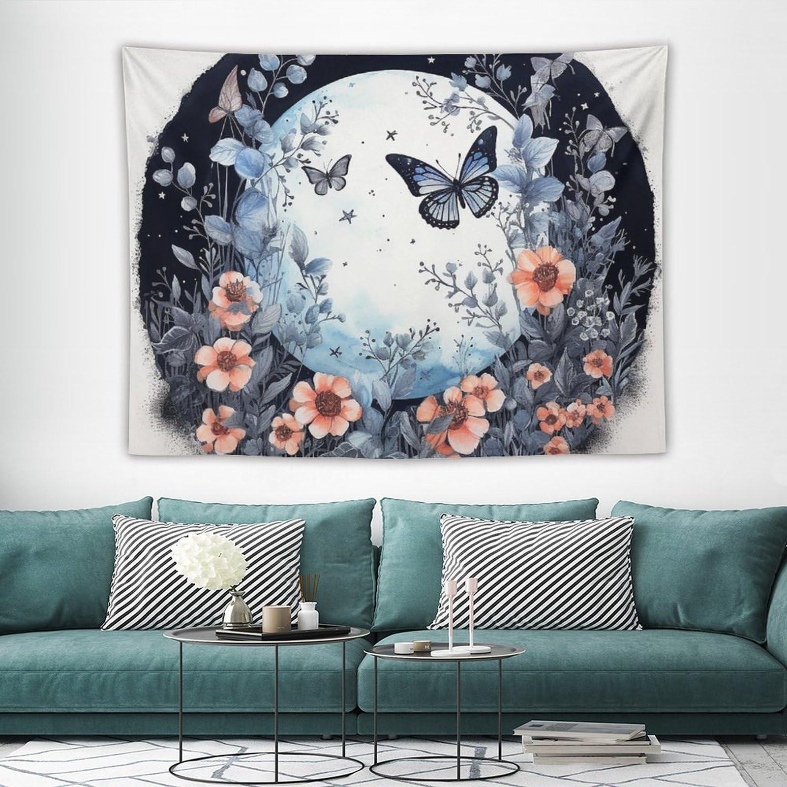 BAHELS BAHELS Blue Butterfly Moon Flower Tapestry Wall Hanging Boho Floral Plant Aesthetic Mandala Tapestry Decor for Living Room Bedroom 60\"x80\"