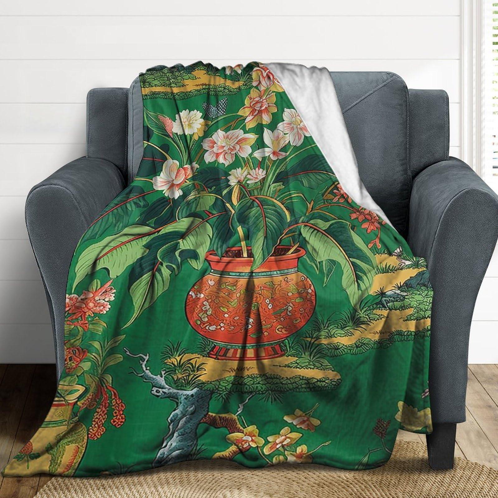MangGou MangGou Ming Vase Green Fleece Blanket Chinoiserie Green Vase Flower Blanket Japanese Asian Style Sofa Bed Throw Blanket Warm Soft Flannel Blankets 30x40in Winter Christams Gift