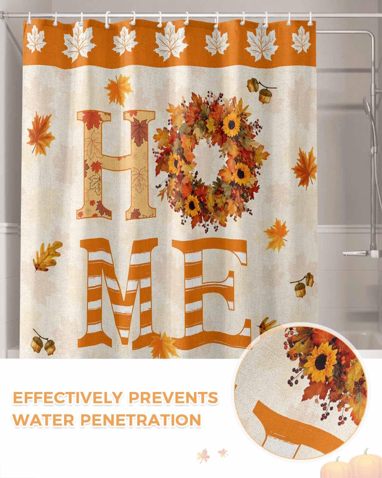 Yukro Fall Home Shower Curtain 36x72 Inch, Thanksgiving Farmhouse Maple Leaves Waterproof Bath Curtain with 12 Hooks, Home Marple Leaves Washable Polyester Wrinkle Free Shower Curtains for Bathroom Decor