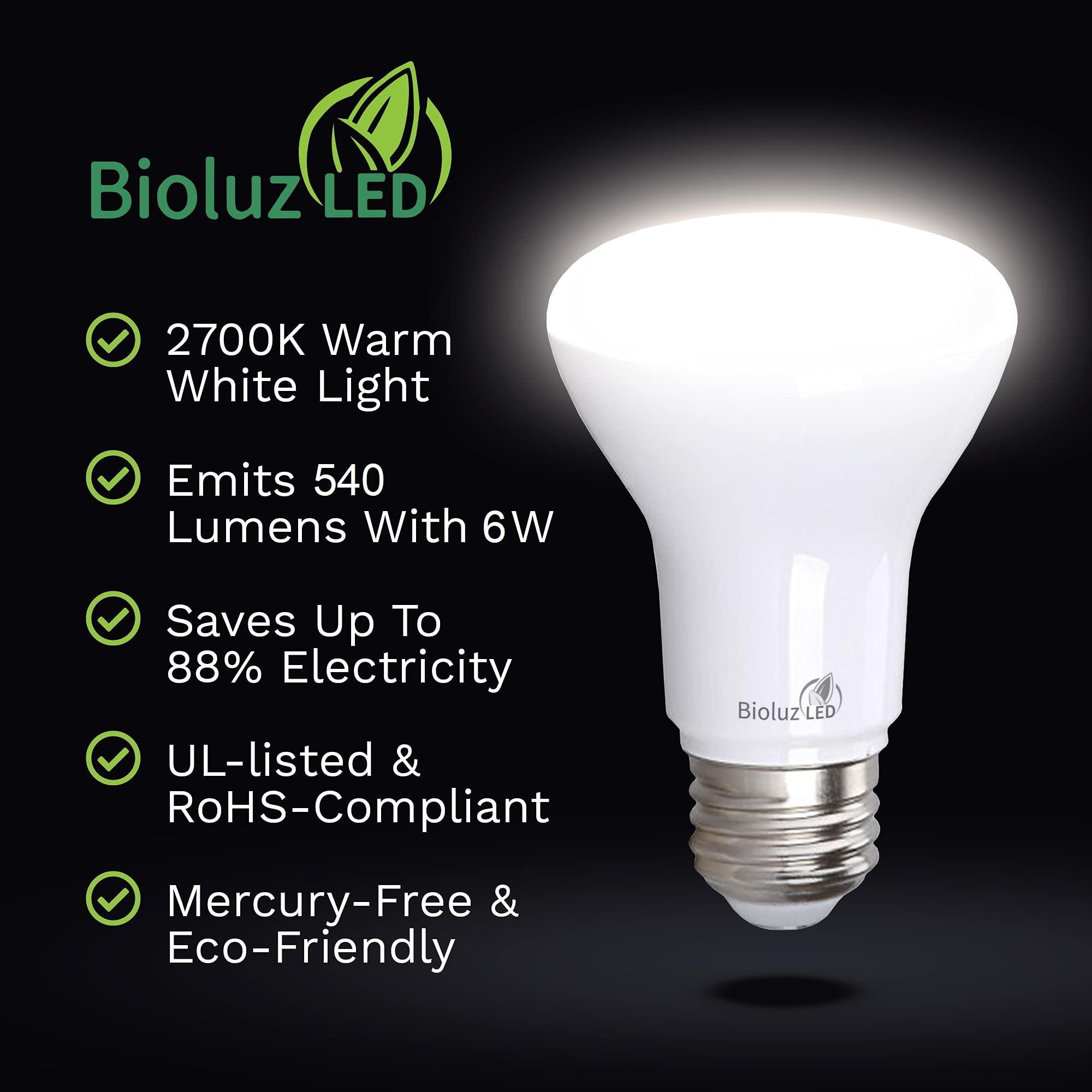 Bioluz LED Bioluz LED BR20 LED Light Bulbs 10-Pack, 6W = 50W, 2700K Warm White Light Bulb, 540 Lumens, 90 CRI, Dimmable LED Light Bulbs, UL-Listed for Indoor/Outdoor, CEC Title 20 Compliant Flood Light