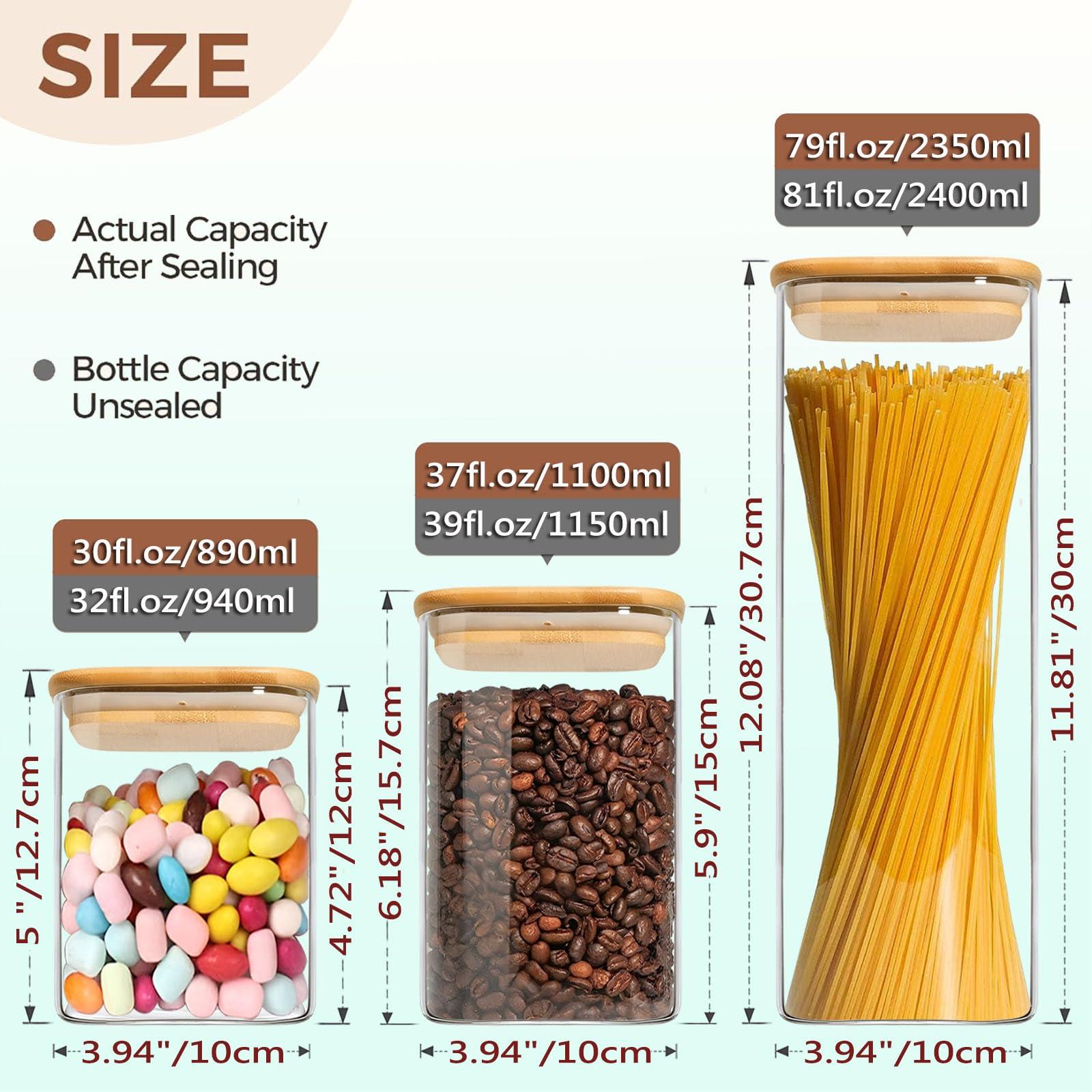 VIEWELLD VIEWELLD Food Storage Containers with Airtight Bamboo Lids Set of 5, Glass Canisters with Airtight Lids, Glass Food Storage Containers for Pasta, Oats, Coffee, Flour, Sugar, Best for Kitchen, Square