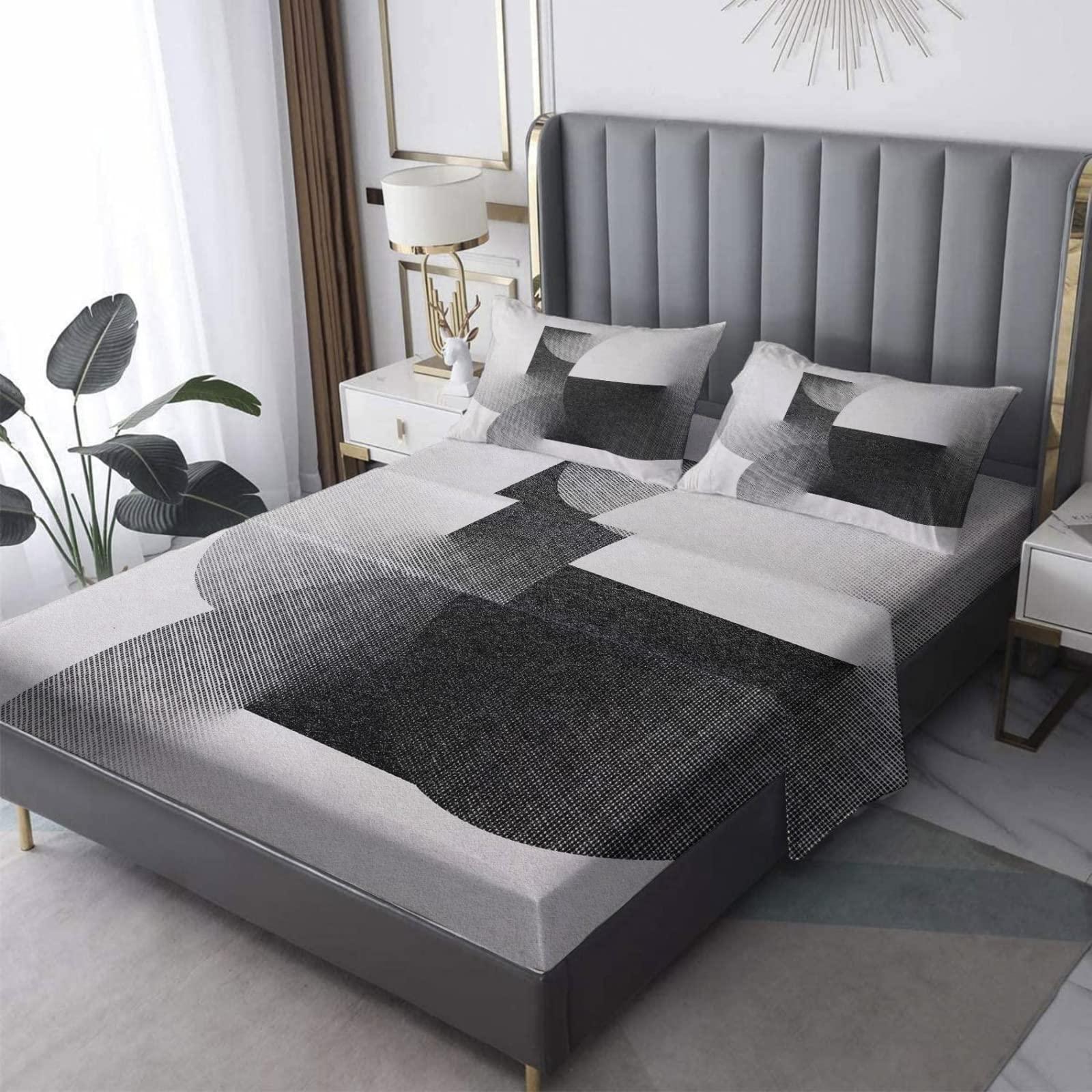 THYUNQ THYUNQ California King Sheet Sets, Abstract Bed Sheets - Geometric Art Bedding Sheets & Pillowcases 4 Piece, Soft Microfiber Patterned Sheet Set with 14 Inch Deep Pocket Fitted Sheet