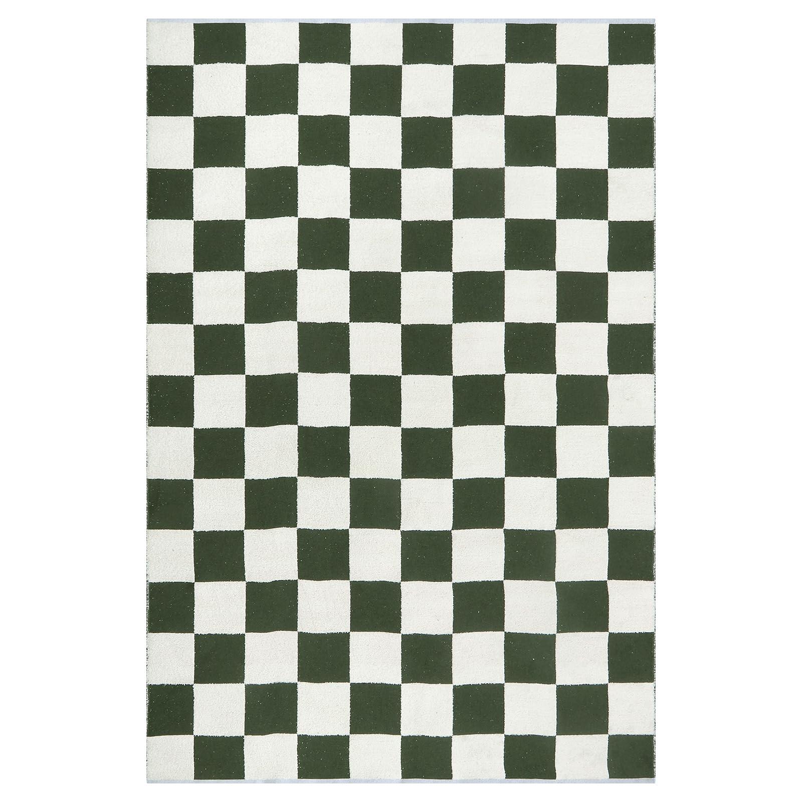 Lahome Lahome 6x9 Green Checkered Rug for Bedroom Boy Room, Modern Large Cotton Woven Checkerboard Green and White Rug, Retro Washable Art Decor Carpet for Living Room Home Decor
