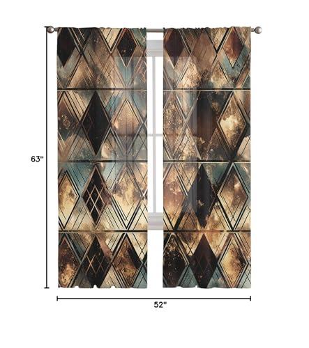 PIEPLE Brown Teal Geometric Sheer Curtains 63 Inch Length 2 Panels Set for Living Room/Bedroom, Retro Modern Plaid Abstract Art Semi Curtain Sheers Drapes Rod Pocket Curtains Window Treatment Set 52x63x2