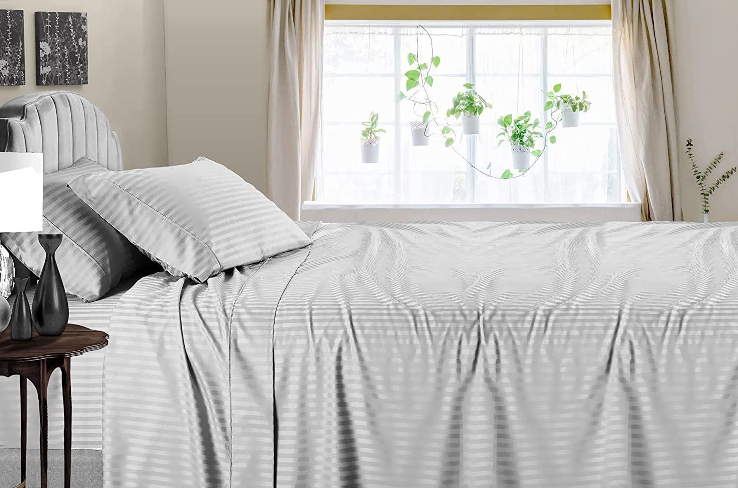 DIFFERENT SHEETING Split King Sheets Set for Adjustable Beds - 4 Piece Luxury Sheets - 15\" Deep Pocket 400TC & Extra Soft 100% Egyptian Cotton - Top Split Upto 32\" From Bottom - Light Grey Stripe, King Size.
