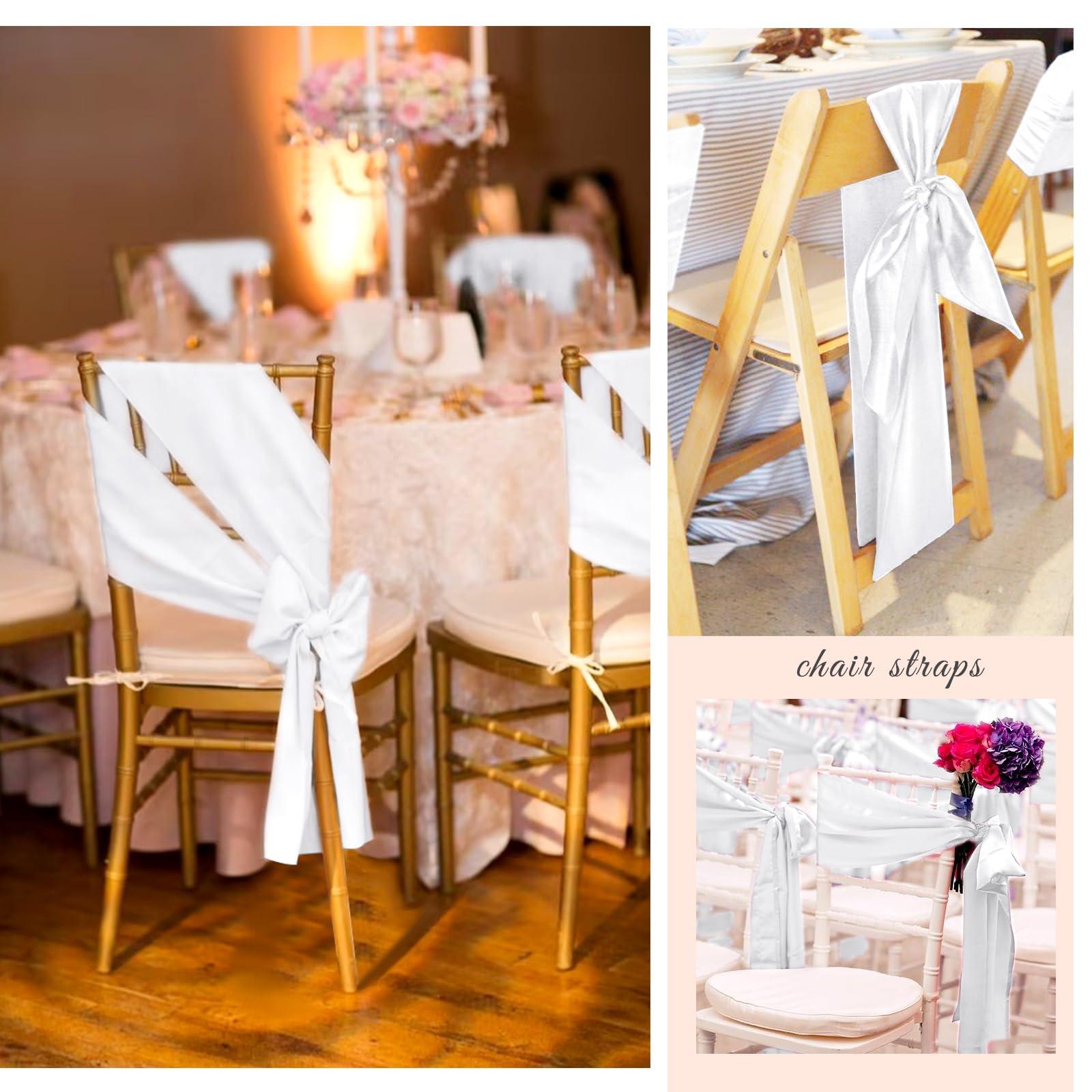 REWOMC 120 PCS Satin Chair Sashes White Shiny Chair Ribbon Ties Back Bows Designed Sashes Universal Chair Cover for Wedding Reception Gathering Birthday Party Banquet Restaurant Chair Decor (7x78inch)