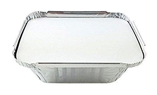PACTOGO PACTOGO 1 lb. Oblong Deep Aluminum Foil Take-Out Pan with Board Lid Disposable Containers 5.56\" x 4.56\" x 1.62\" (Pack of 50 Sets)