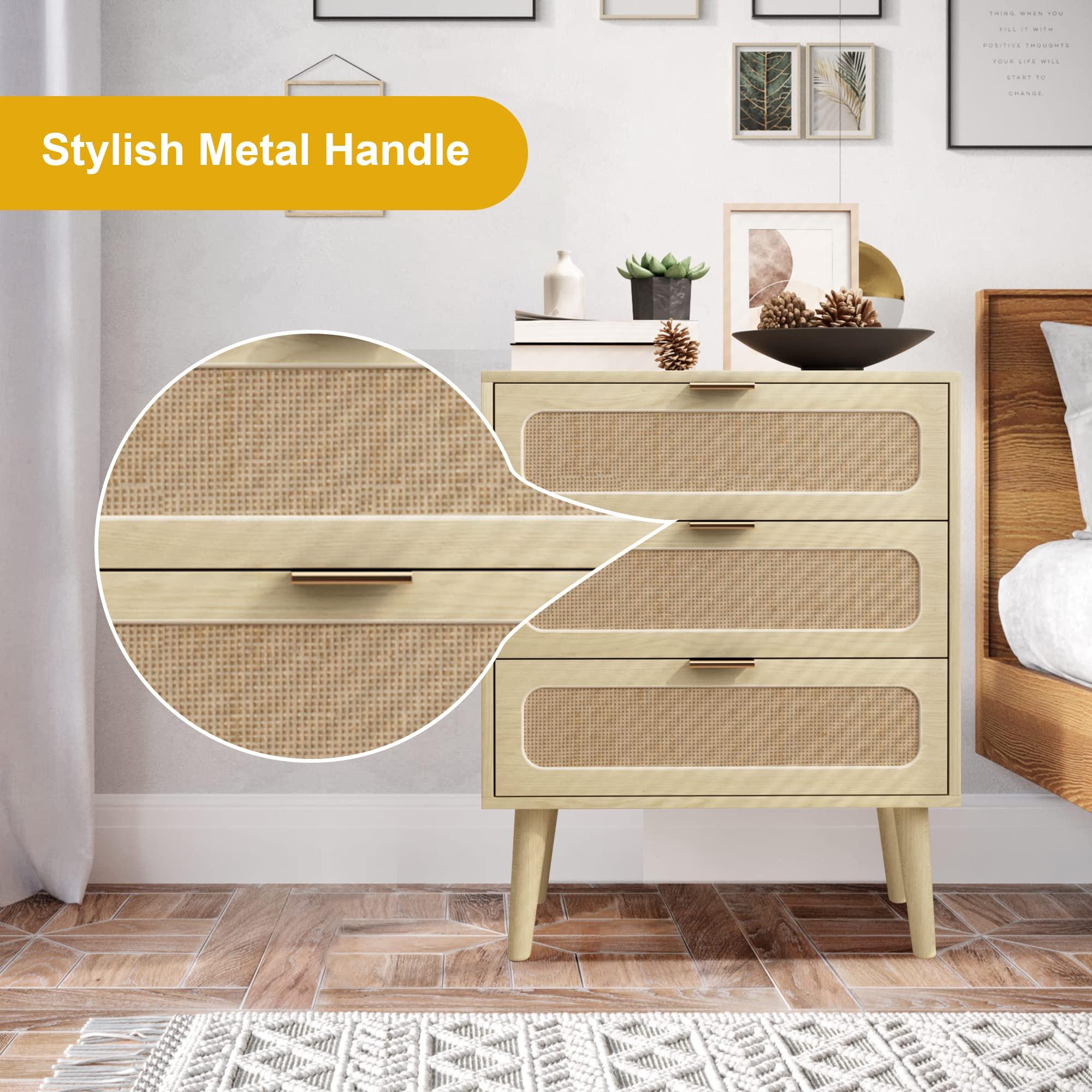 QHITTY QHITTY Drawer Dresser, Rattan Chest of Drawers with 3 Drawers Dresser, Accent Storage Cabinet Modern Bedside Table for Living Room, Bedroom, Entryway (Natural)