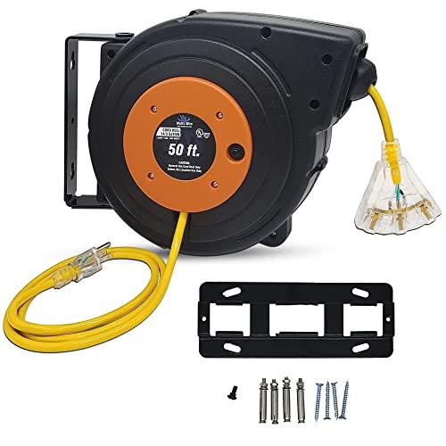 Watt\'s Wire 50 ft - 14 Gauge Retractable Extension Cord Reel - Heavy Duty Cable Reel w/Multi Outlet Lighted Receptacle - Premium Grade 13 Amp Extension Cord Retractable Reel w/Mounting Kit - by Watt\'s Wire