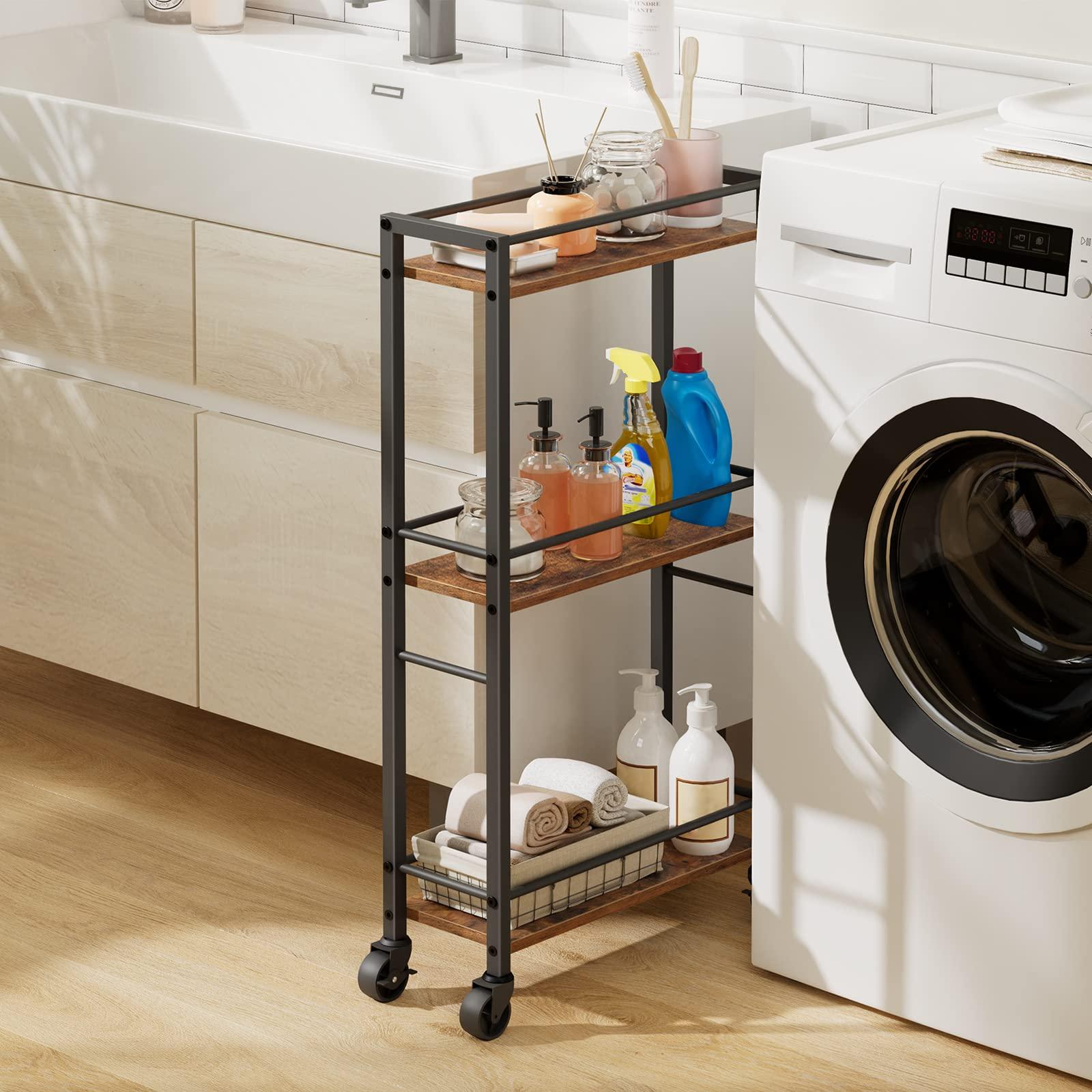 MAHANCRIS MAHANCRIS Slim Rolling Cart, Mobile Kitchen Cart on Wheels, Narrow Storage Cart for Small Space, Wooden Service Cart, for Bathroom, Laundry, Living Room, Rustic Brown RCHR1501Z