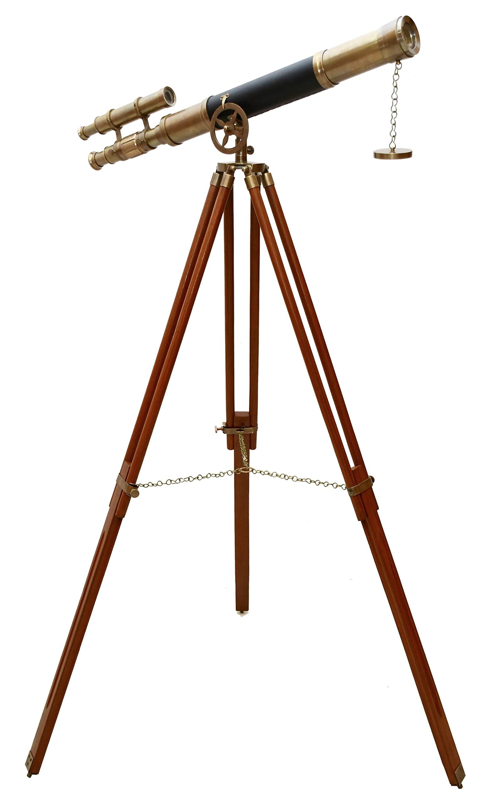 NAVIROCK Nautical Marine Designer Brass Telescope Antique Finish Double Barrel Black Leather Coverd Tube W/Wooden Brown Tripod Floor Standing Royal Handmade Authentic Telescopic - Navirock