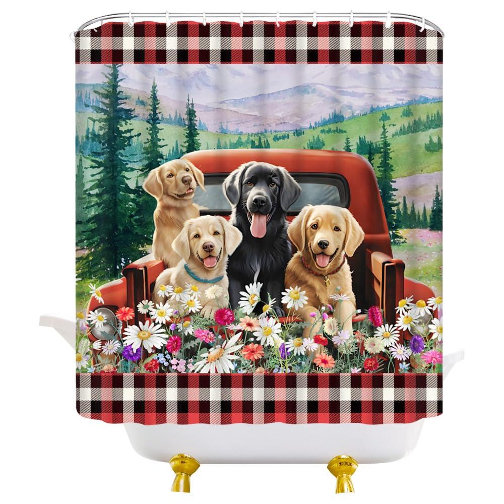 JEJOMEAG JEJOMEAG Dog Shower Curtain Cute Farmhouse Animals Retro Red Truck Rustic Daisy Floral Spring Country Fabric Bathroom Curtain with Hooks, 67x70 Inch