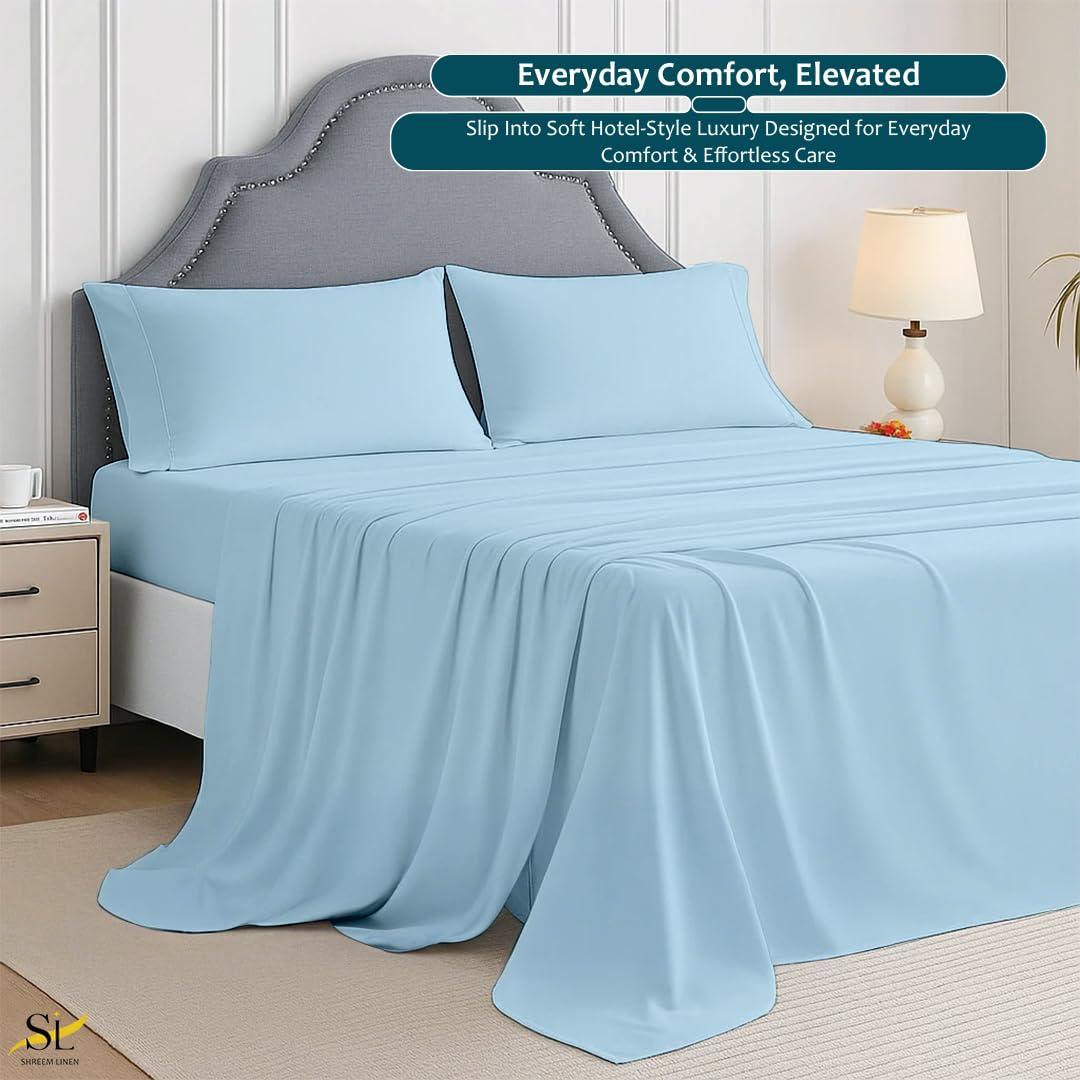 Shreem Linen Short Queen Sheets, RV Sheets Set for Campers, Deep Pockets Fitted RV Bunk Sheets, 4-Piece 1800 Microfiber Bed Sheet Set, Cool & Breathable, RV Queen Sheets (Light Blue, Short Queen)