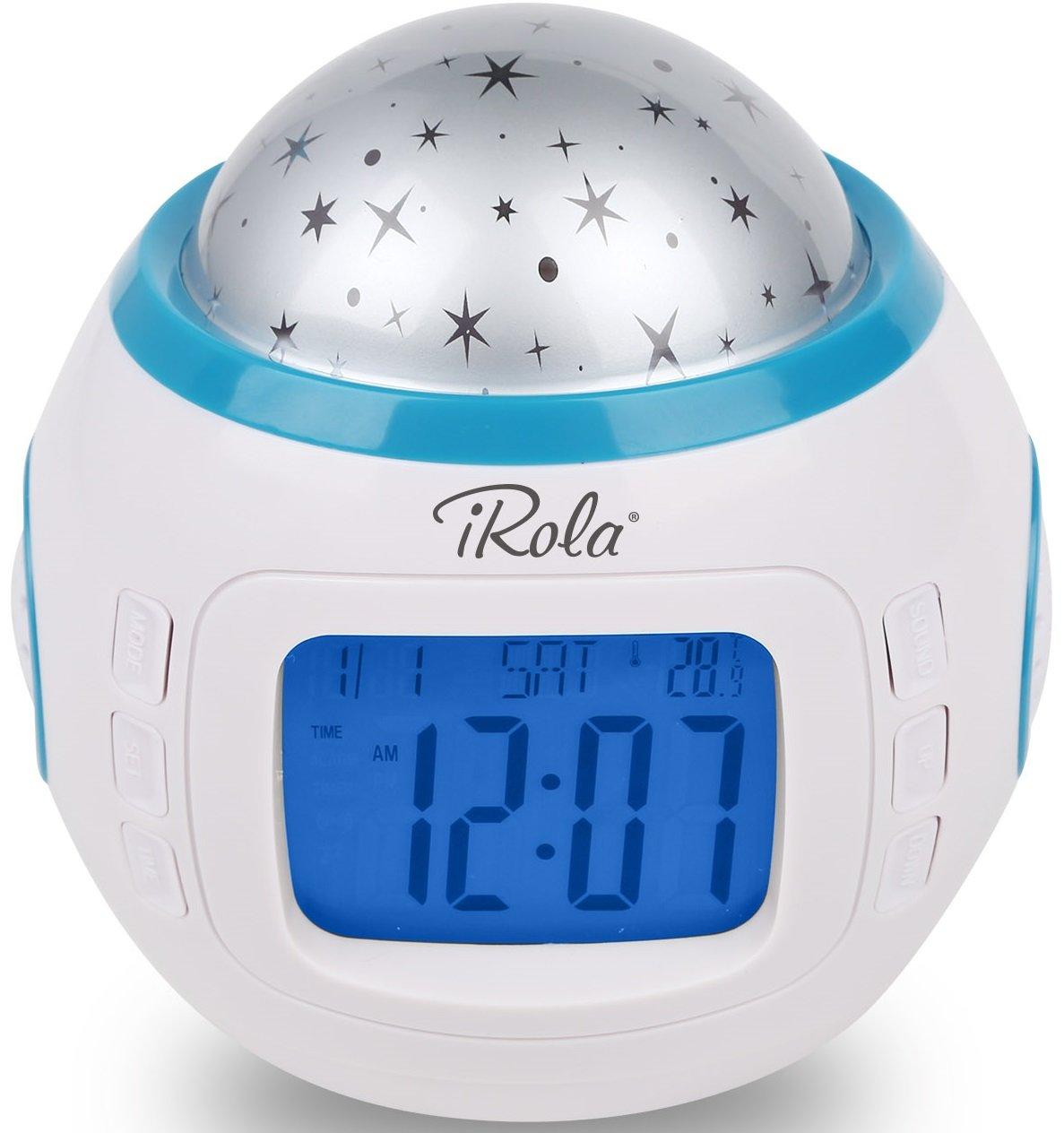 GPCT GPCT Starry Sky Projection LED Alarm Clock, Timer, & Music Player. Comes with 10 ringtones, Calender, & Thermometer. Displays Time in 12hr and 24hr time Modes - White