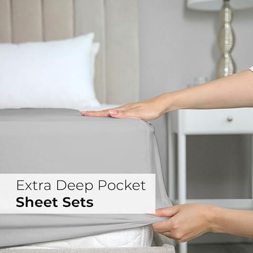 CGK Unlimited Extra Deep Pocket King Sheets - 4 Piece Breathable & Cooling Bed Sheets - Hotel Luxury Bed Sheet Set - Soft, Wrinkle Free & Comfy - Easily Fits Extra Deep Mattresses - Deep Pocket French Grey Sheets