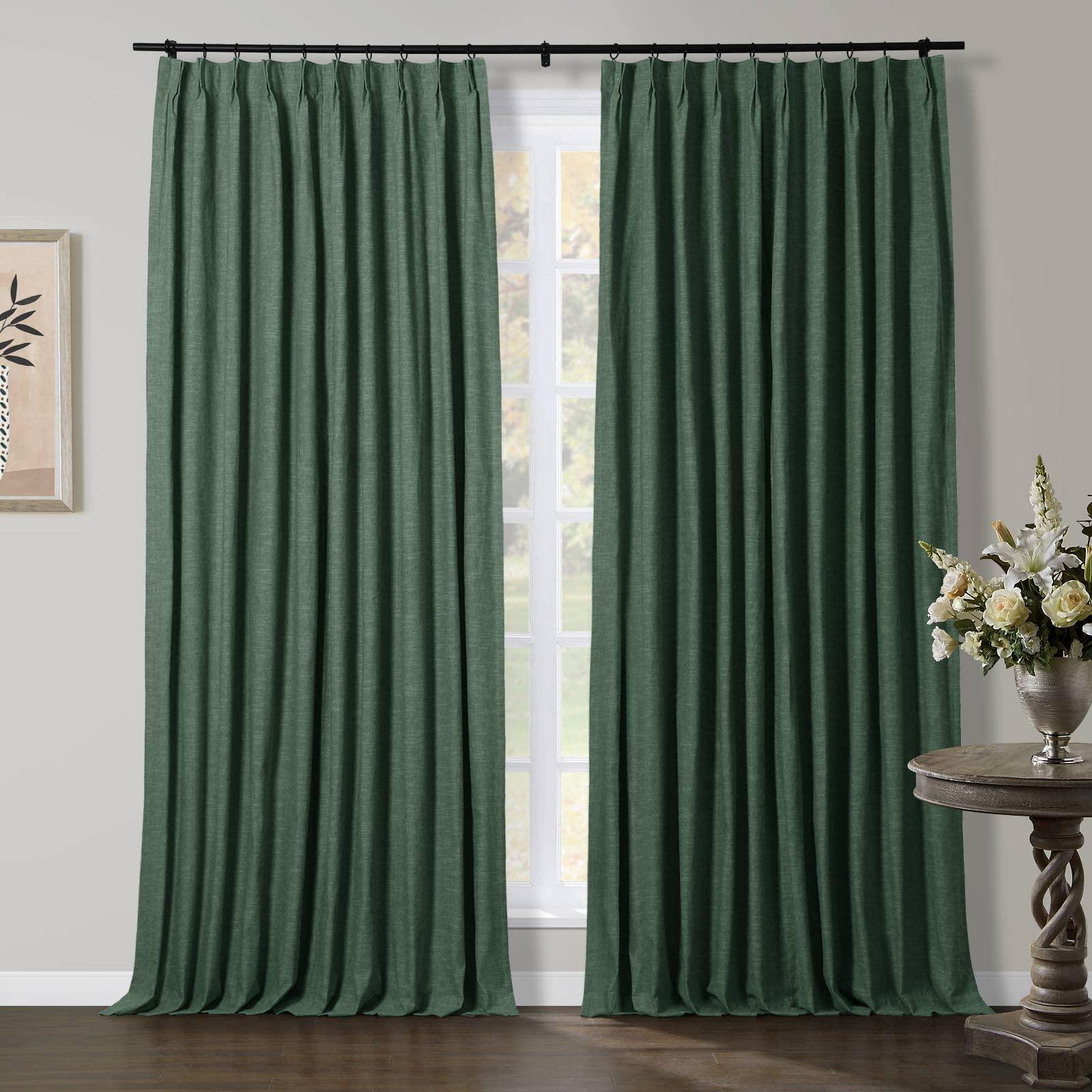 TWOPAGES TWOPAGES Cotton Linen Curtains Pinch Pleat Drapes for Living Room Kitchen Light Filtering Privacy Protection Drapes, Heavyweight Elegant Drapes (52W x 72L Inches, Hunter Green, Set of 2)