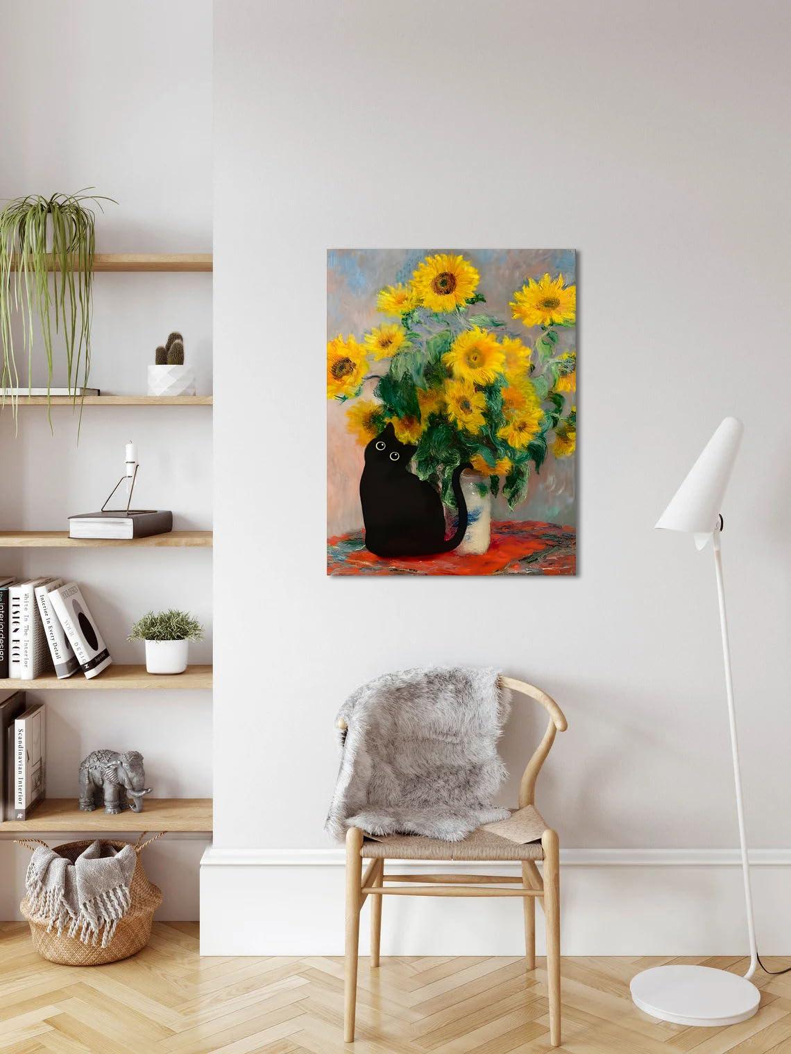 FOSULA Monet Cat Wall Art - Claude Monet Cat Wall Art Prints - Cat Monet Art - Monet Sunflowers Cat Canvas Print - Claude Monet Cat Poster - Monet Sunflowers Cat Wall Decor - Framed Ready to Hang