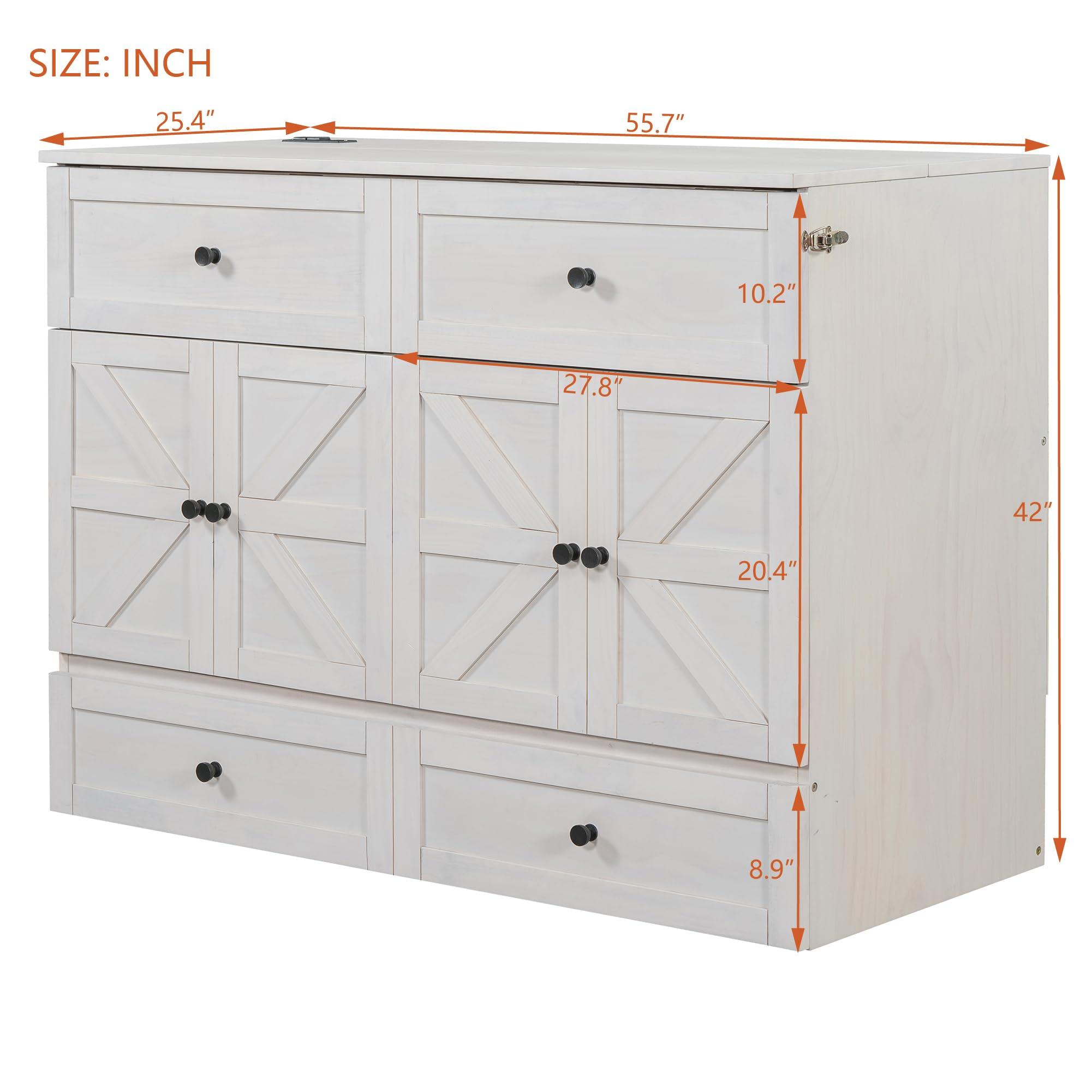 Harper & Bright Designs Harper & Bright Designs Full Size Murphy Bed, Wood Full Cabinet Bed with Large Drawers & USB Ports, Brushed White