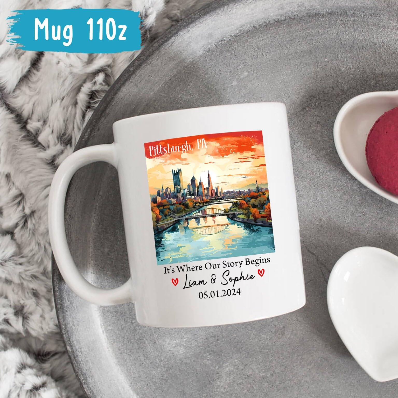 Cenluxy Personalized Pittsburgh Pennsylvania USA Coffee Mugs For Travel Lovers, It\'s Where Our Story Begins in Pittsburgh PA Ceramic Cup, Pittsburgh Lover Mug Gift, Custom Name Text Pittsburgh Porcelain Mug