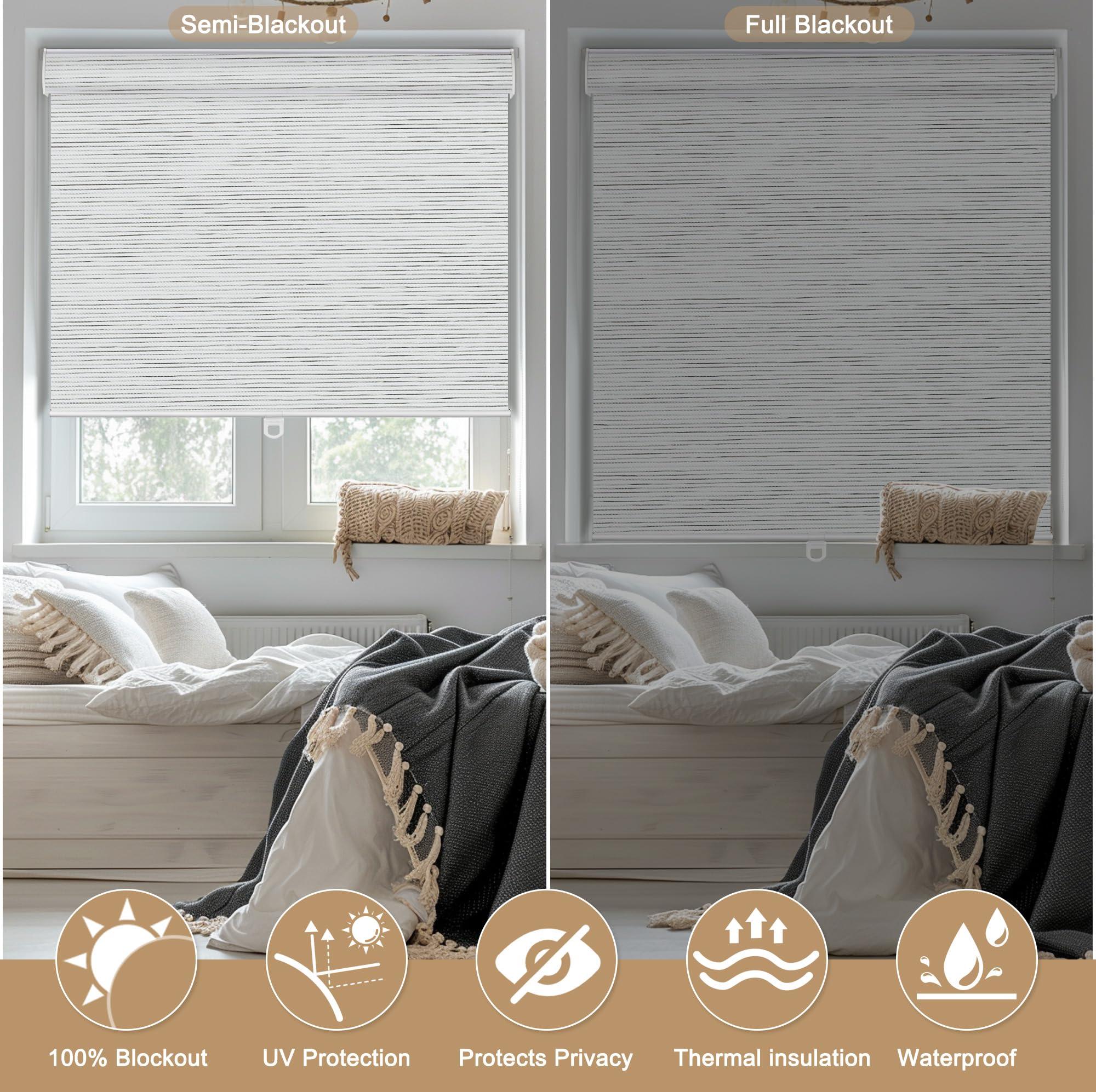 PQRSHADE PQRSHADE 100% Blackout Window Shades Pull Down for Indoor, Custom Room Darkening Striped Jacquard Fabric Roller Window up and Down Blinds with Thermal Insulated Easy to Install(30.5"W x 96"H)S-White