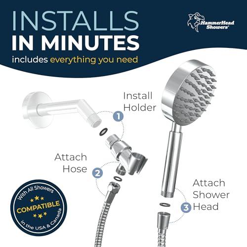 HammerHead Showers HammerHead Showers ALL METAL Handheld Shower Head with Hose and Brass Holder - CHROME - 2.5 GPM High Pressure Shower Heads with Adjustable Shower Wand Bracket - 6ft Flexible Extension