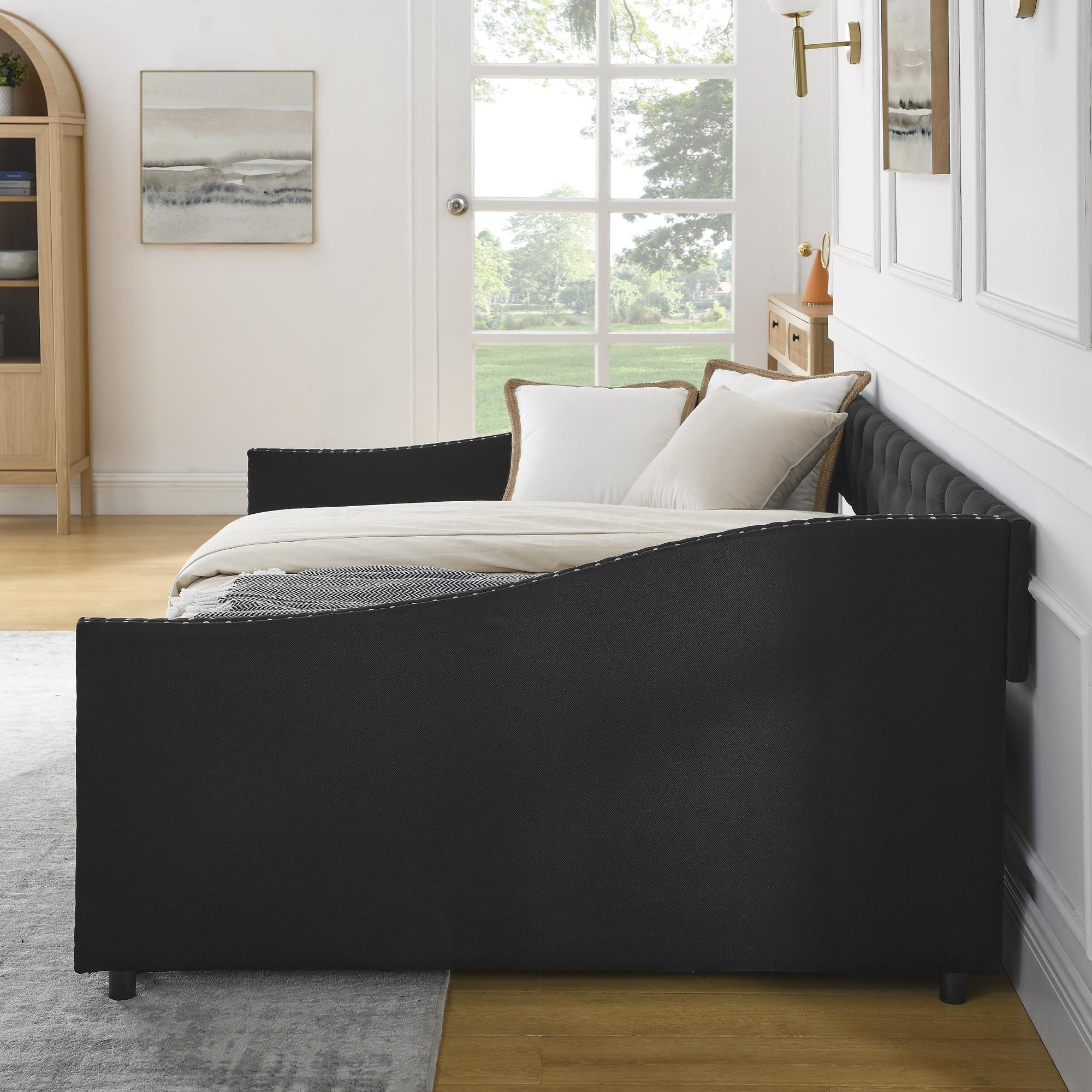 Flieks Flieks Linen Upholstered Full Daybed with Two Storage Drawers, Full Size Button Tufted Sofa Bed Daybed with Nailhead Trim and Wood Slat Support (Black)
