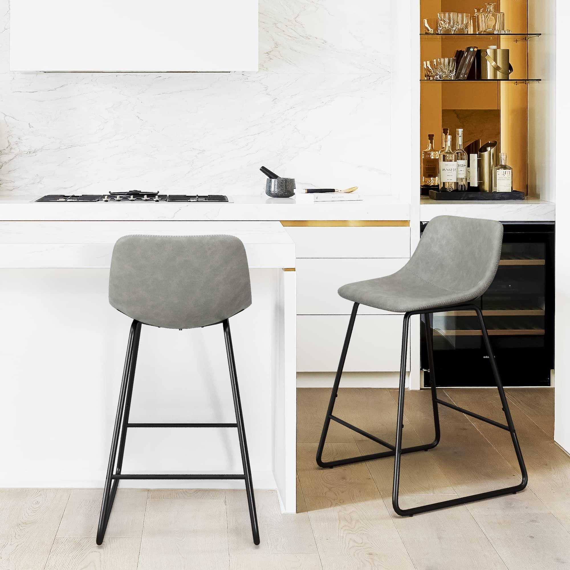 LUE BONA LUE BONA 24" ALX Faux Leather Barstools Set of 2, Bar Stools, Modern Counter Height Stools with Back and Metal Legs, Armless Counter Chairs, Grey