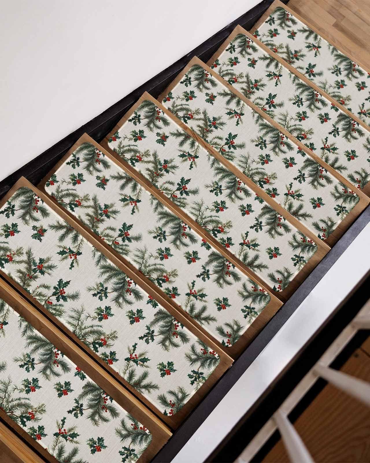 Chees D Zone Xmas Red Berry Pine Needles Stair Treads for Wooden Steps, Winter Plant Beige Linen Non Slip Stair Carpet Indoor Stair Runner Staircase Step Treads Stair Mat 8x30in 4 Pcs